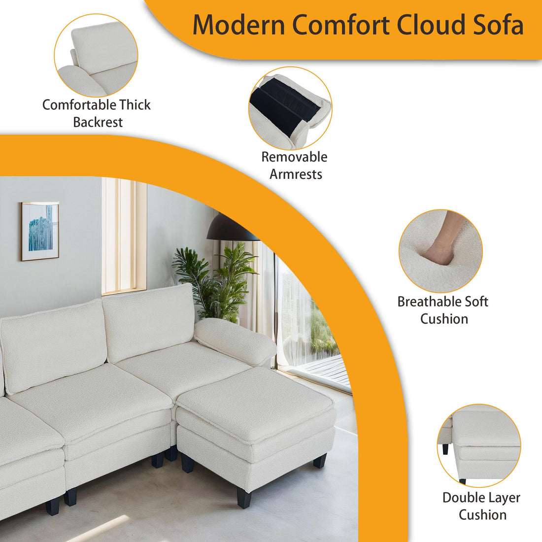 3-Seater Modular Sofa with Ottoman - Teddy Velvet, Solid Wood & Spring Cushion, Double-Layered Seat for Living Room