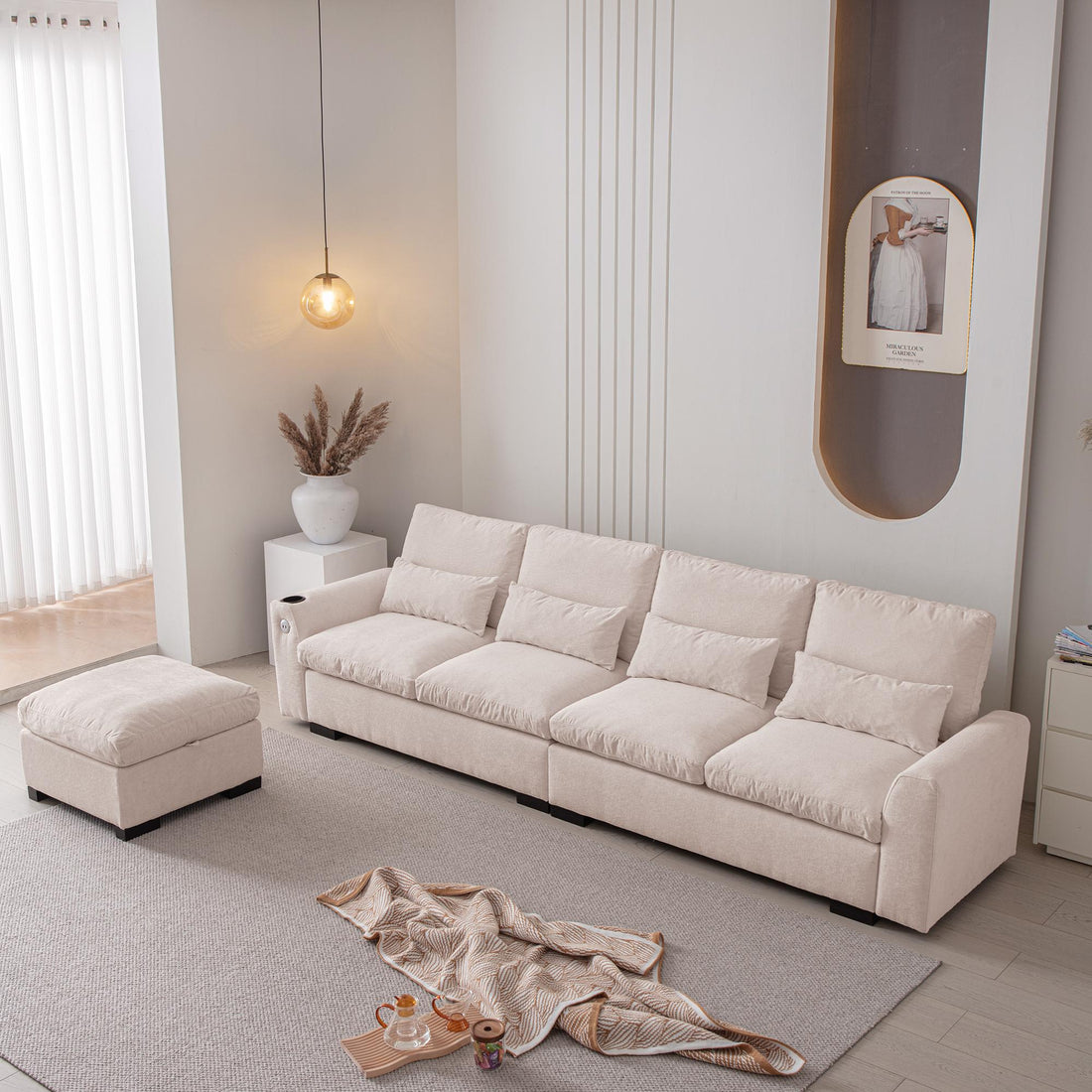 114.5"Modern L Shaped Chenille Sofa Couch Reversible Ottoman With Storage Removable and Washable Cushions Sofa With USB Ports & Cup Holder For Living