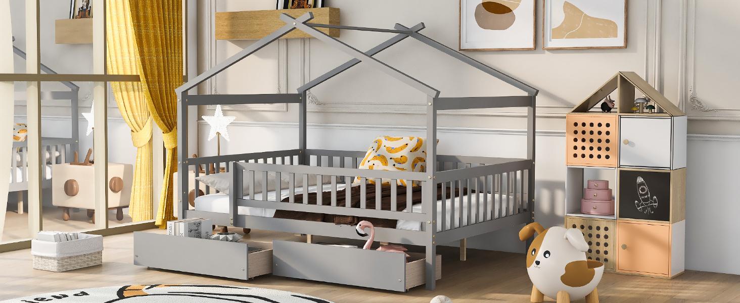 Full Size Wooden House Bed with Two Drawers