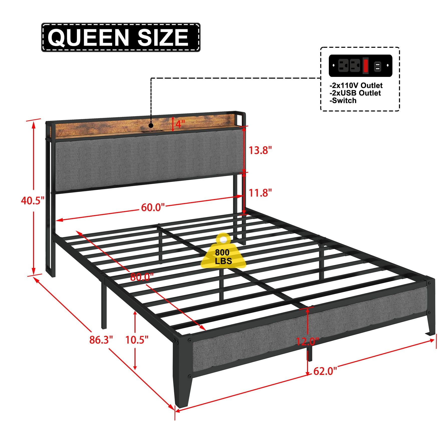Queen-Size，Full metal bed frame with charging port at the head of the bed.
