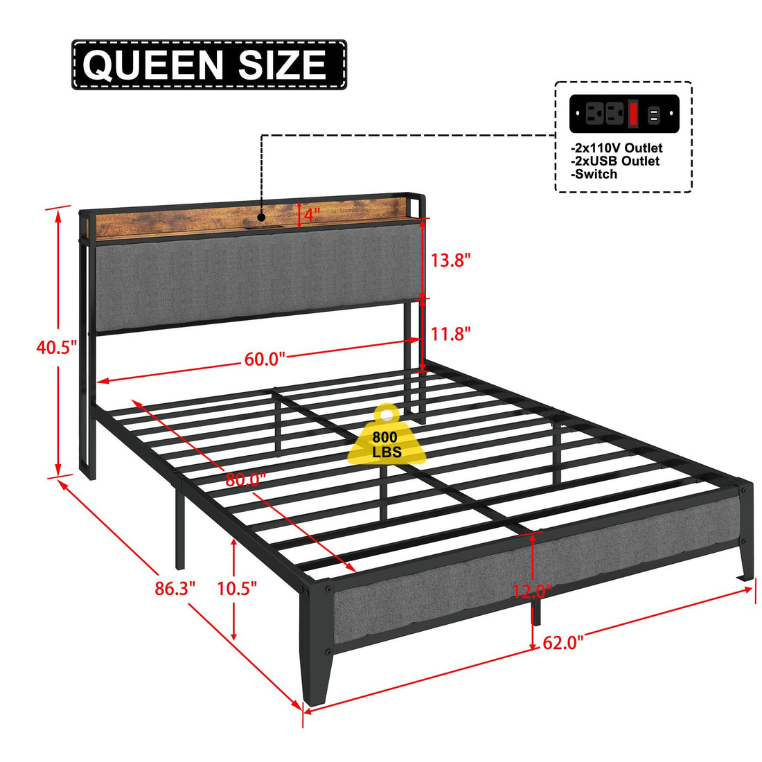 Queen-Size，Full metal bed frame with charging port at the head of the bed.