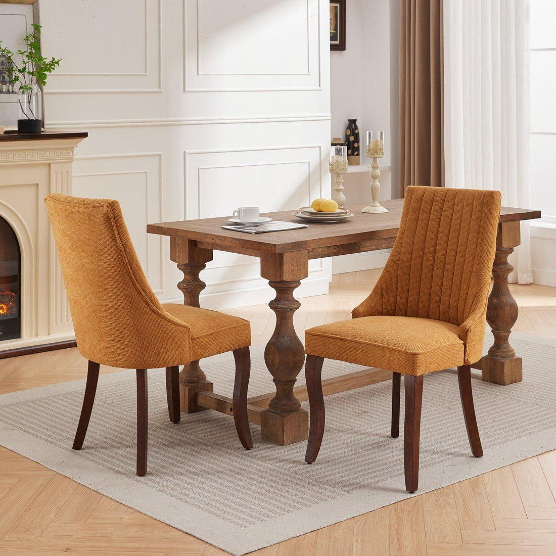 Rayon Cloth Flocking Linen Dining Chairs  Comfy Fabric Upholstered Accent Chair for Dining Room with Curved Solid Wood Legs,Set of 2