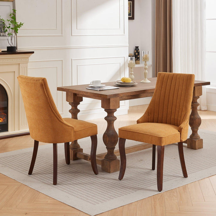 Rayon Cloth Flocking Linen Dining Chairs  Comfy Fabric Upholstered Accent Chair for Dining Room with Curved Solid Wood Legs,Set of 2