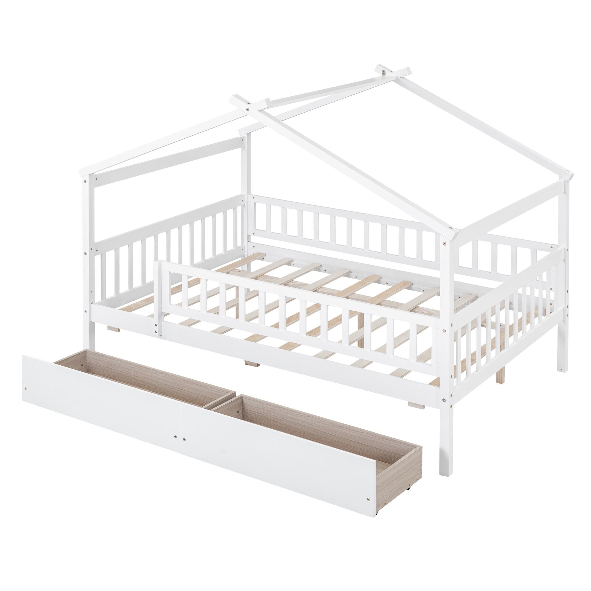 Full Size Wooden House Bed with Two Drawers