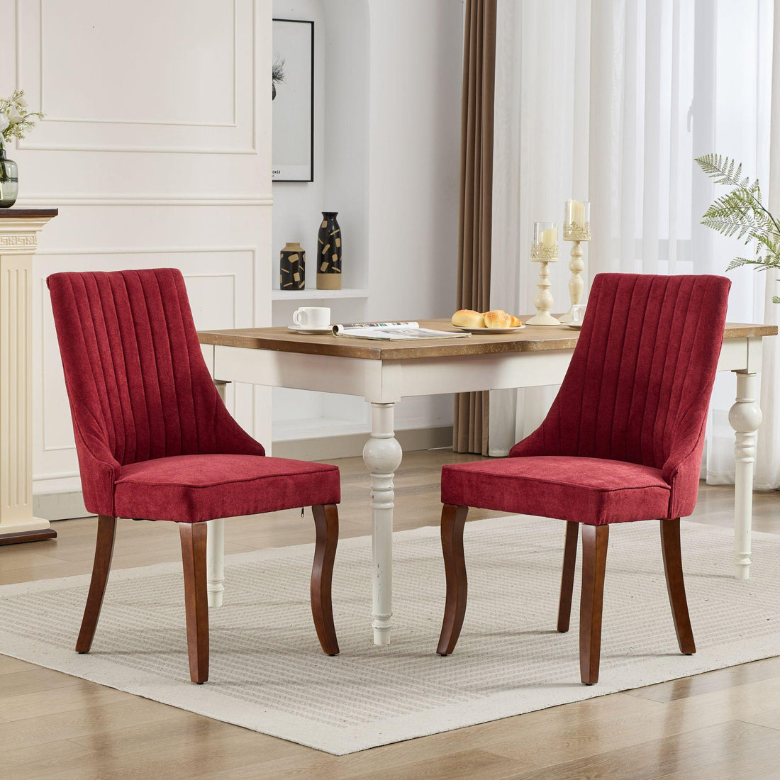 Rayon Cloth Flocking Linen Dining Chairs  Comfy Fabric Upholstered Accent Chair for Dining Room with Curved Solid Wood Legs,Set of 2