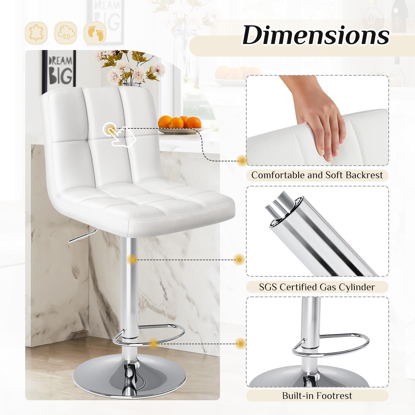 Bar Stools Set of 2, Counter Height Barstools,Square Seat Cushion Barstool with Back, Height Adjustable PU Leather Swivel Barstool ,White