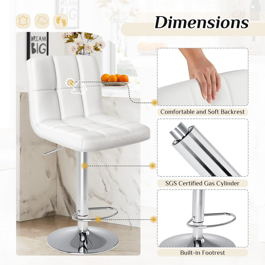Bar Stools Set of 2, Counter Height Barstools,Square Seat Cushion Barstool with Back, Height Adjustable PU Leather Swivel Barstool ,White