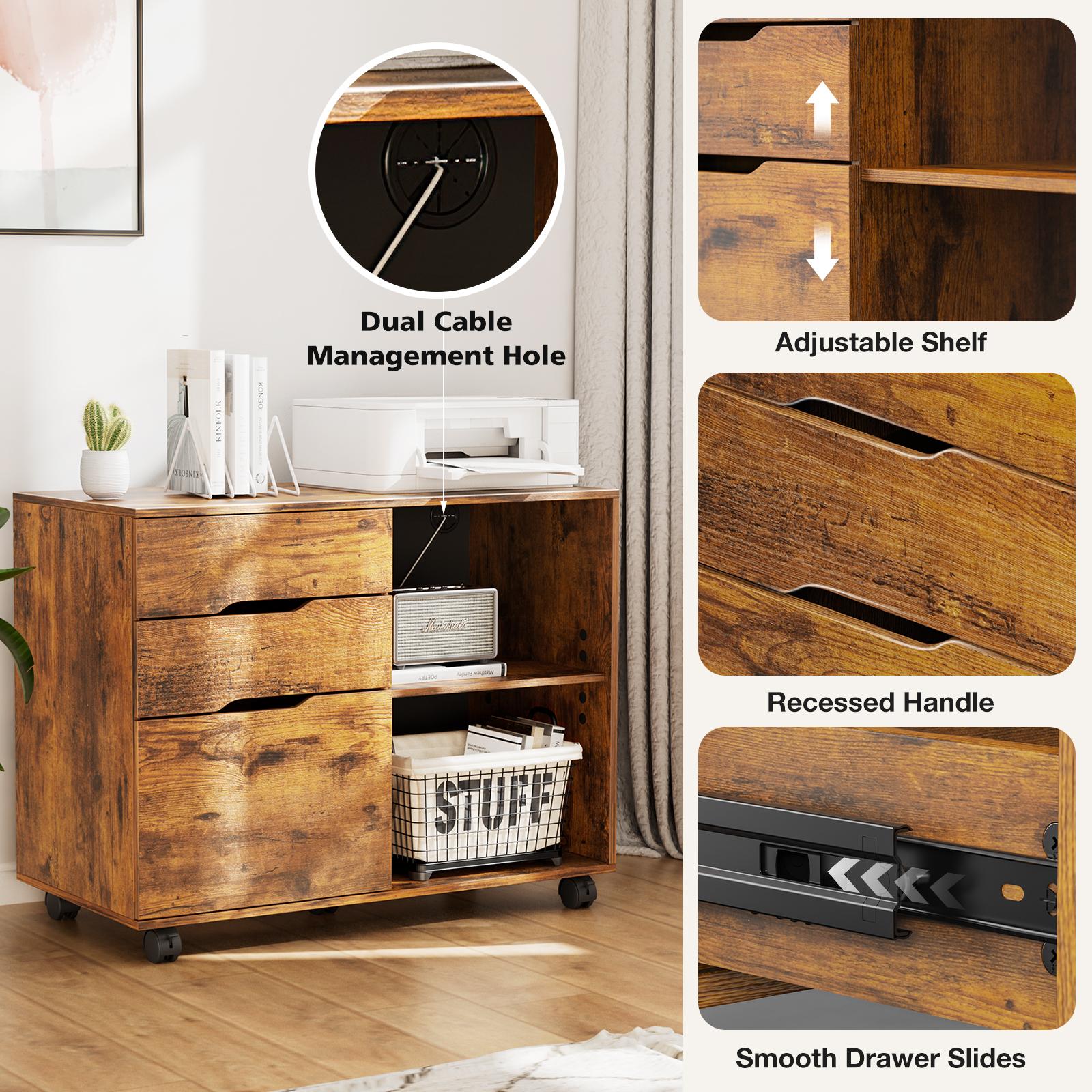 3 Drawer Filing Cabinet Wood Printer Stand with Storage Office Organize Cabinets with Wheels