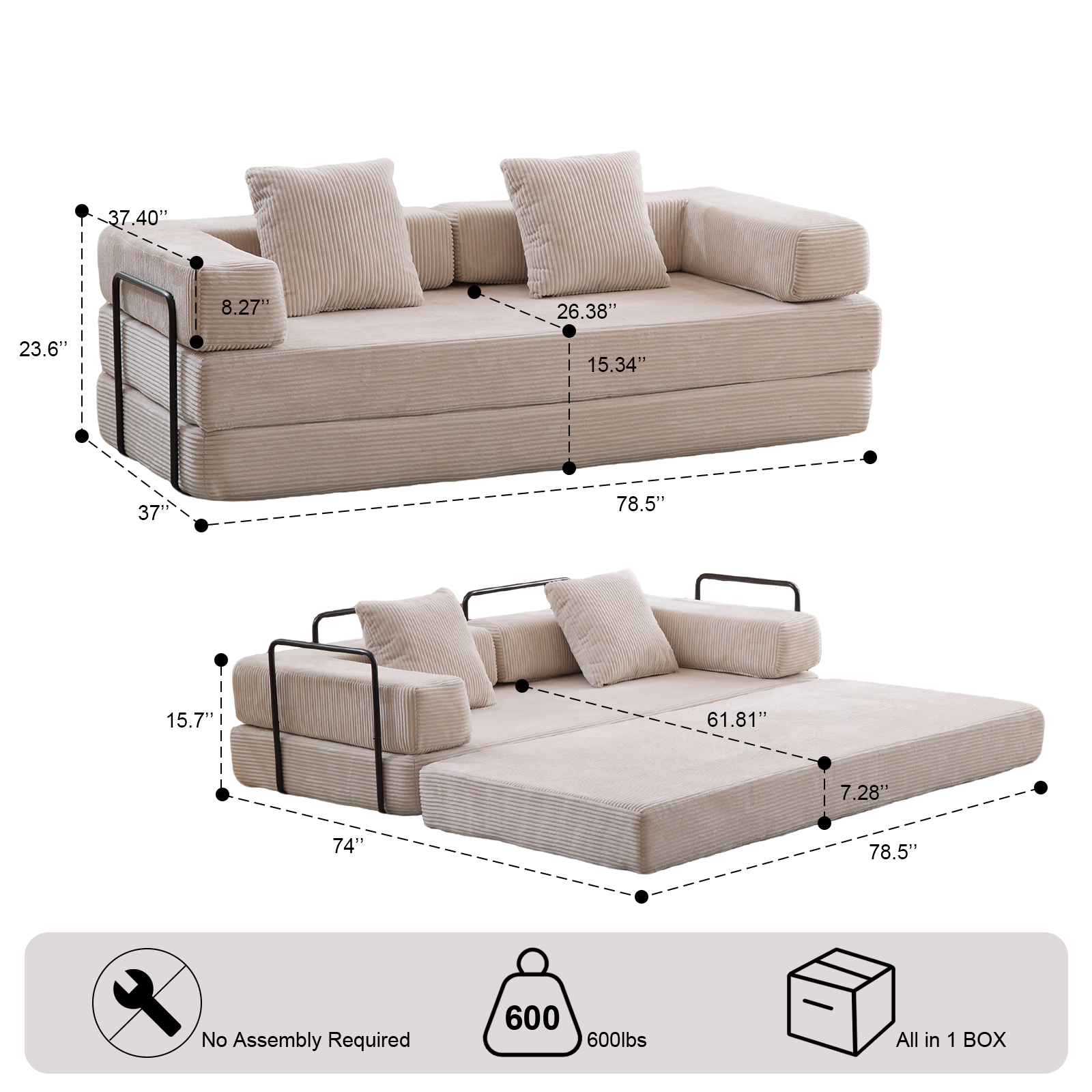 Floor Couch,Compression Sofa,Convertible Floor Sofa Bed-with Pillow Back Support Armrest,Comfy Futon Couch Lounge Sleeper Bed,Flannel fabric,for Livin