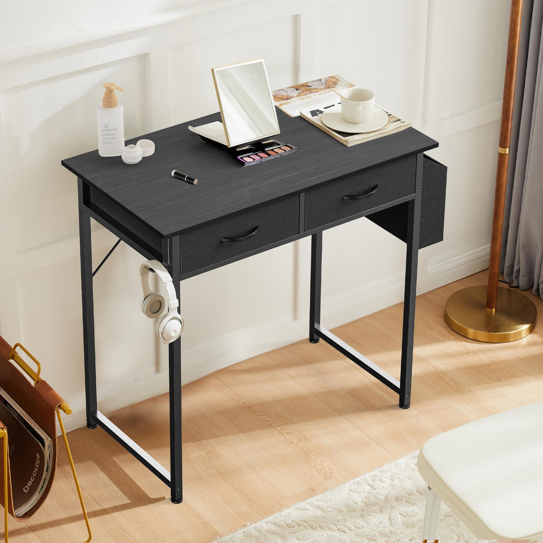 Computer Desk Small Home Office Bedroom Writing Study PC Table with Storage Space Fabric Side Bag Headphone Hook Metal Frame Adjustable
