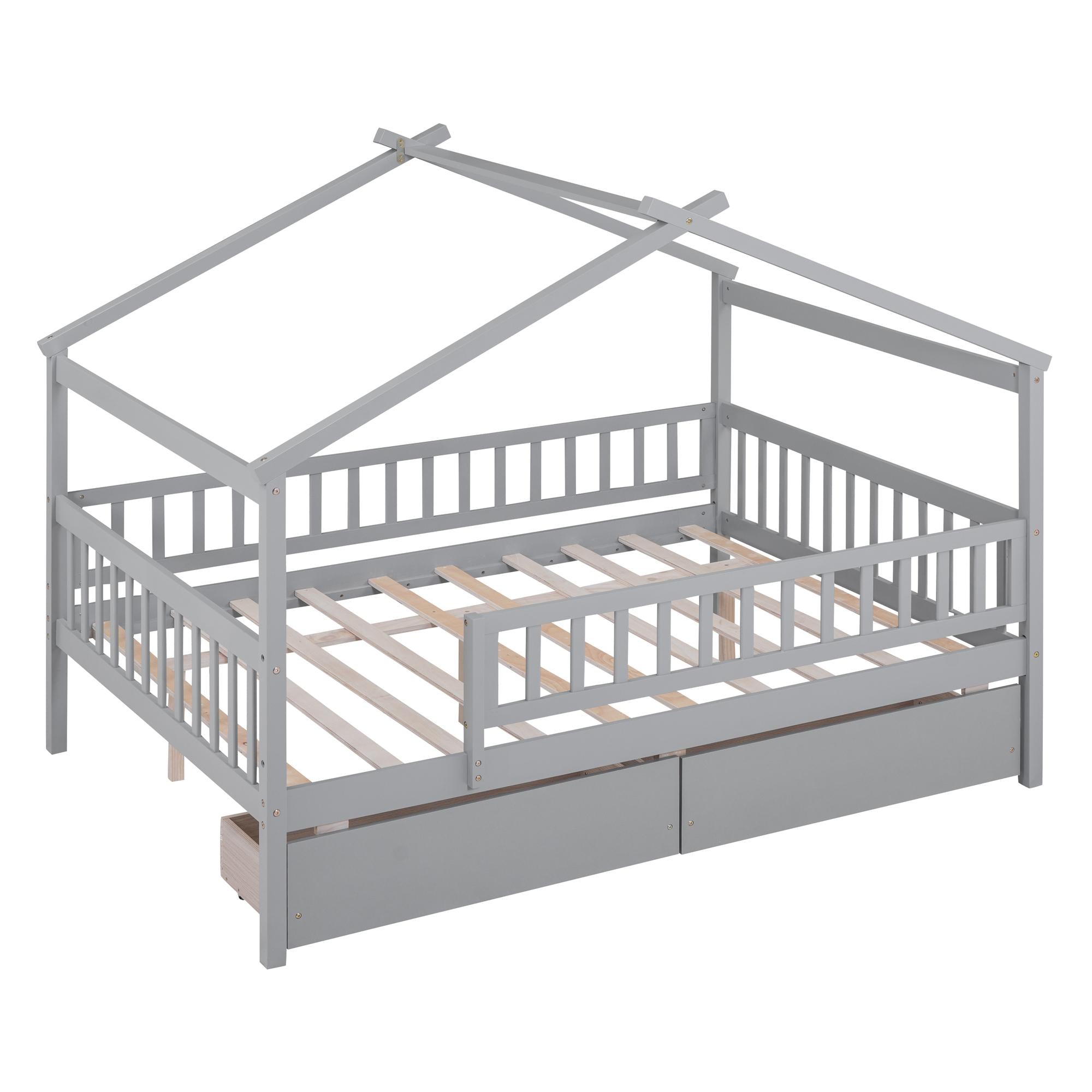 Full Size Wooden House Bed with Two Drawers