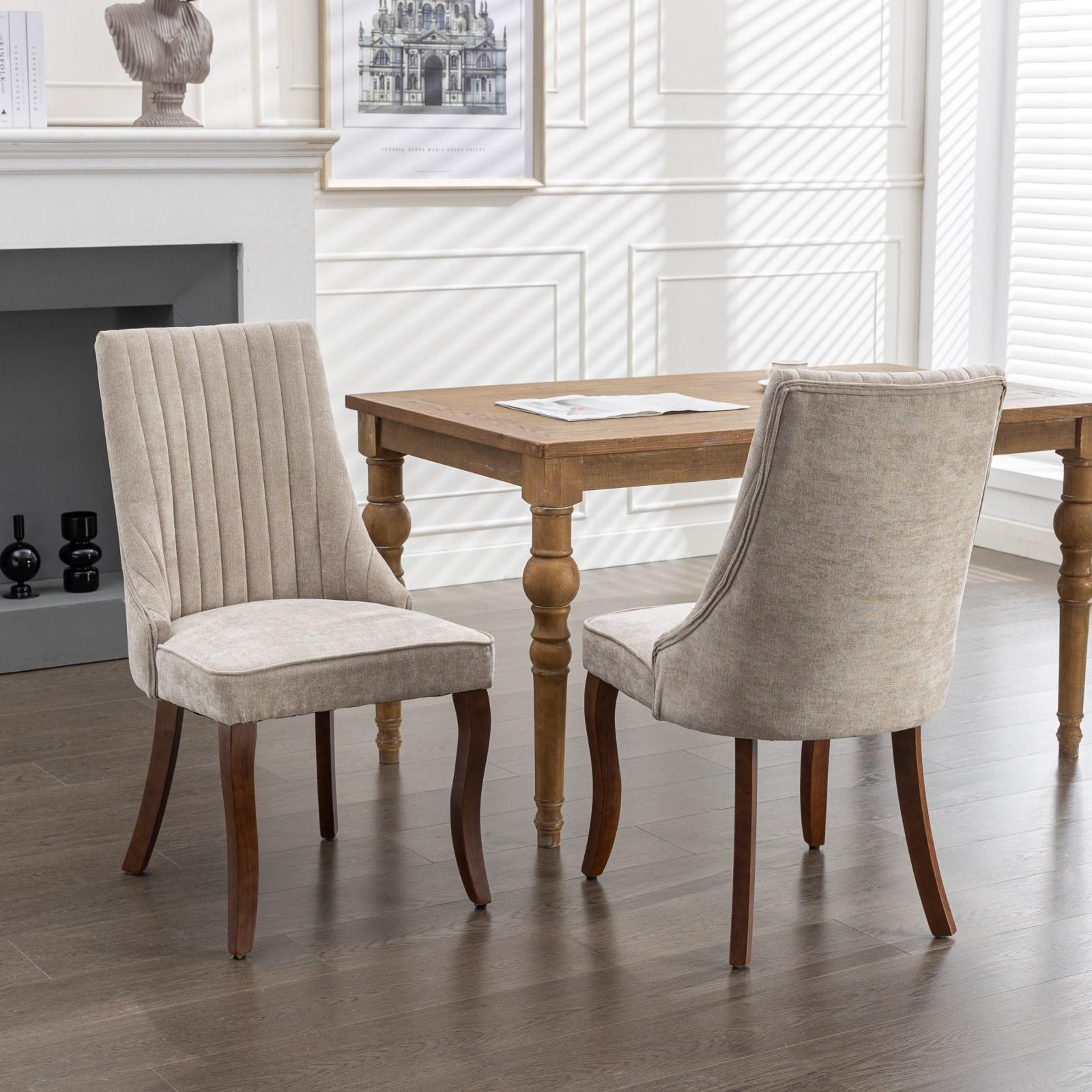 Rayon Cloth Flocking Linen Dining Chairs  Comfy Fabric Upholstered Accent Chair for Dining Room with Curved Solid Wood Legs,Set of 2