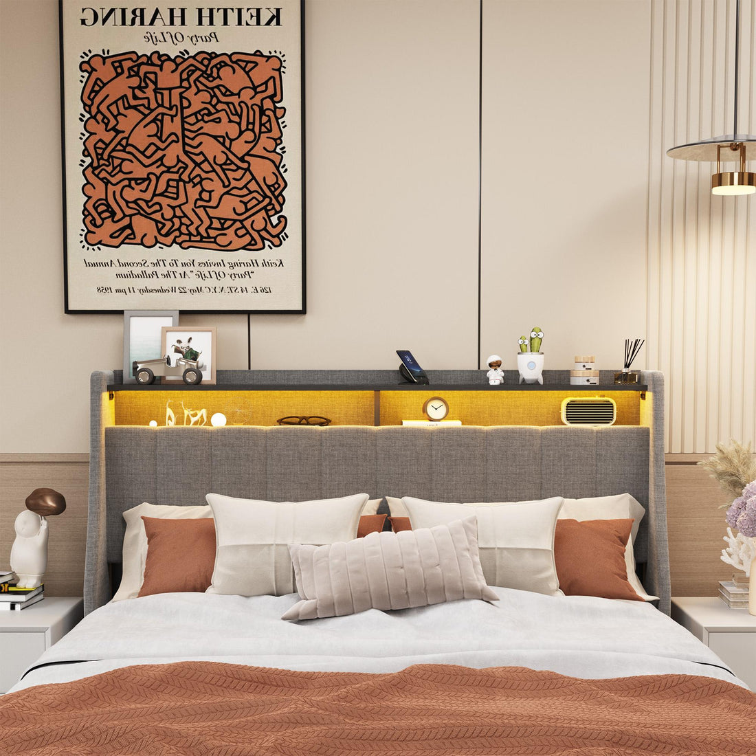 Queen size LED bed frame with winged headboard design for extra storage space