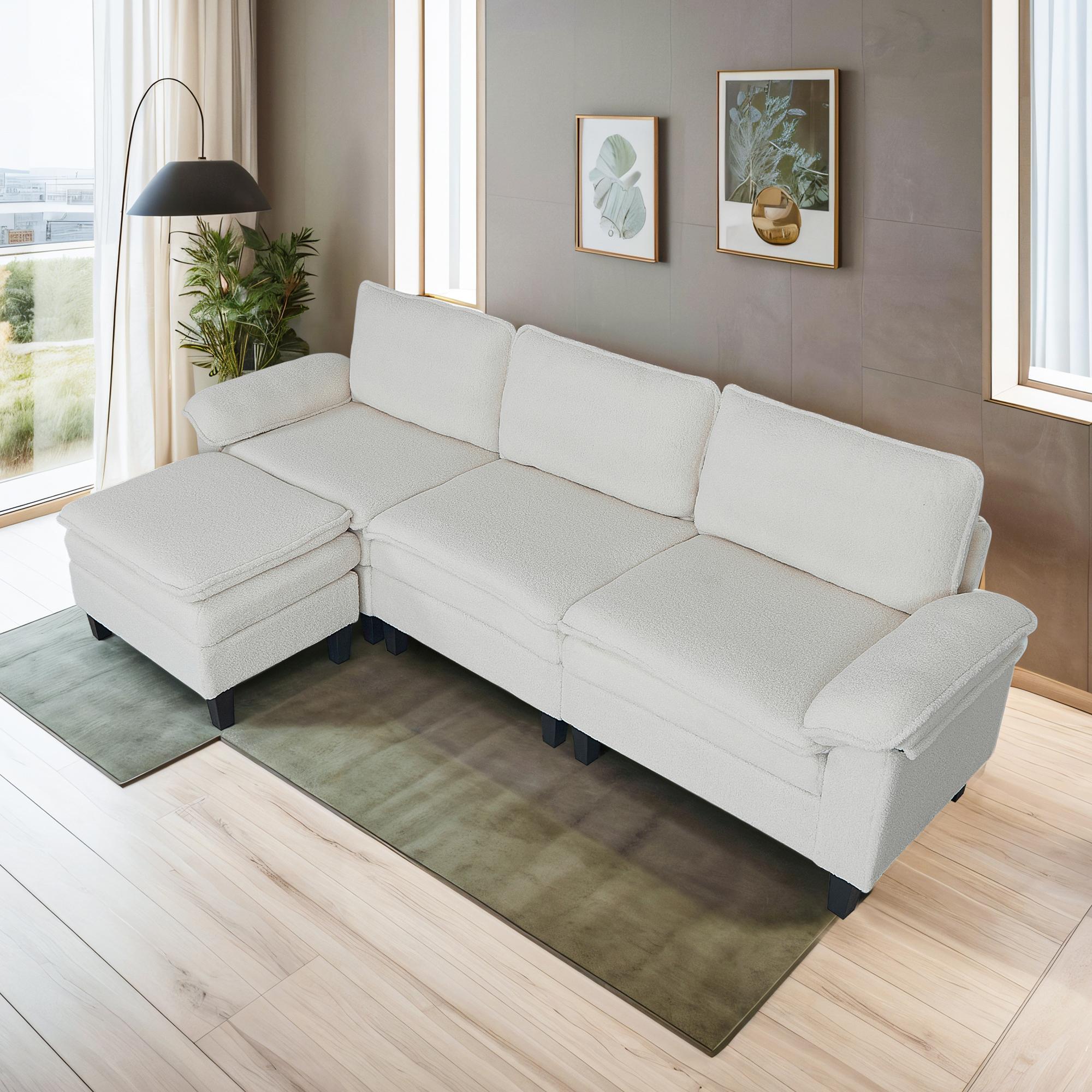 3-Seater Modular Sofa with Ottoman - Teddy Velvet, Solid Wood & Spring Cushion, Double-Layered Seat for Living Room