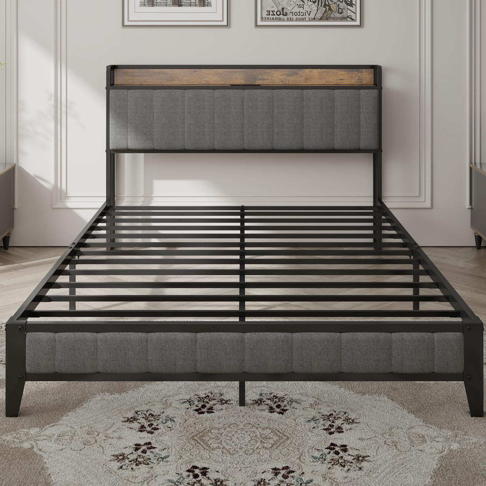 Queen-Size，Full metal bed frame with charging port at the head of the bed.