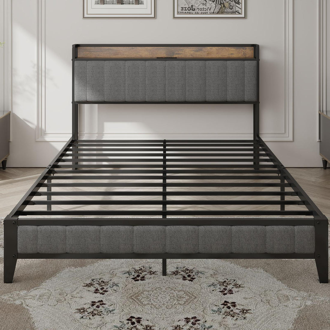 Queen-Size，Full metal bed frame with charging port at the head of the bed.