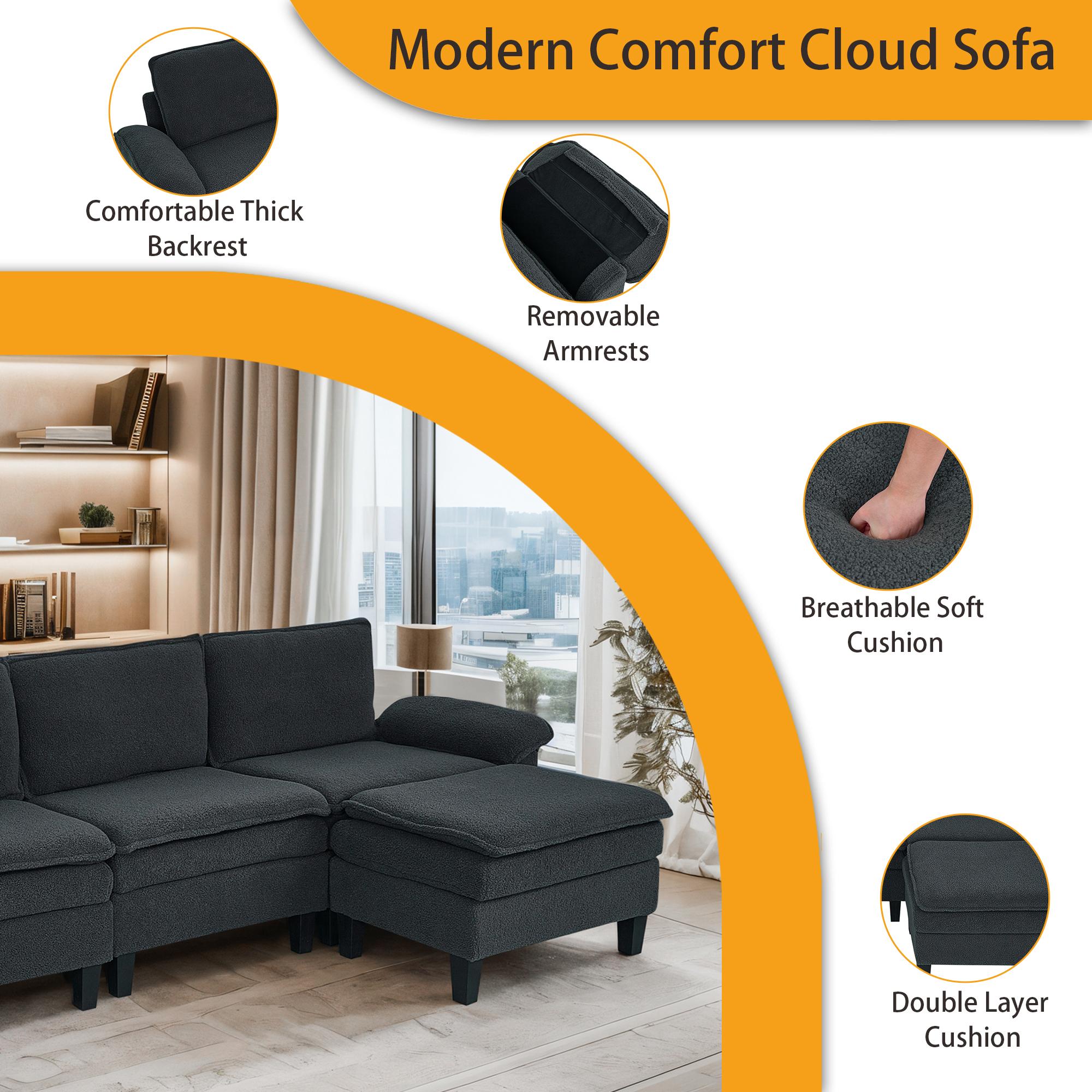 3-Seater Modular Sofa with Ottoman - Teddy Velvet, Solid Wood & Spring Cushion, Double-Layered Seat for Living Room