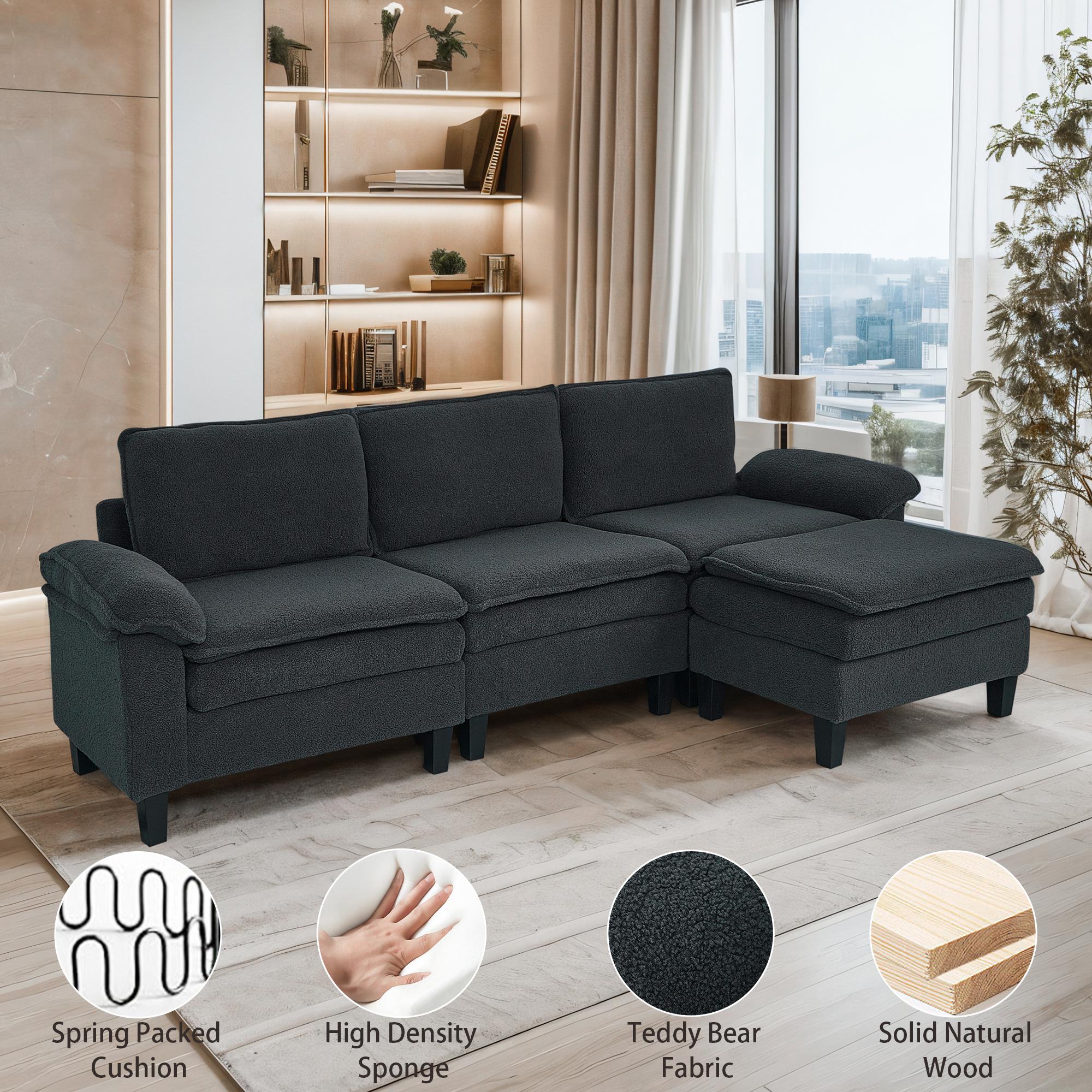 3-Seater Modular Sofa with Ottoman - Teddy Velvet, Solid Wood & Spring Cushion, Double-Layered Seat for Living Room