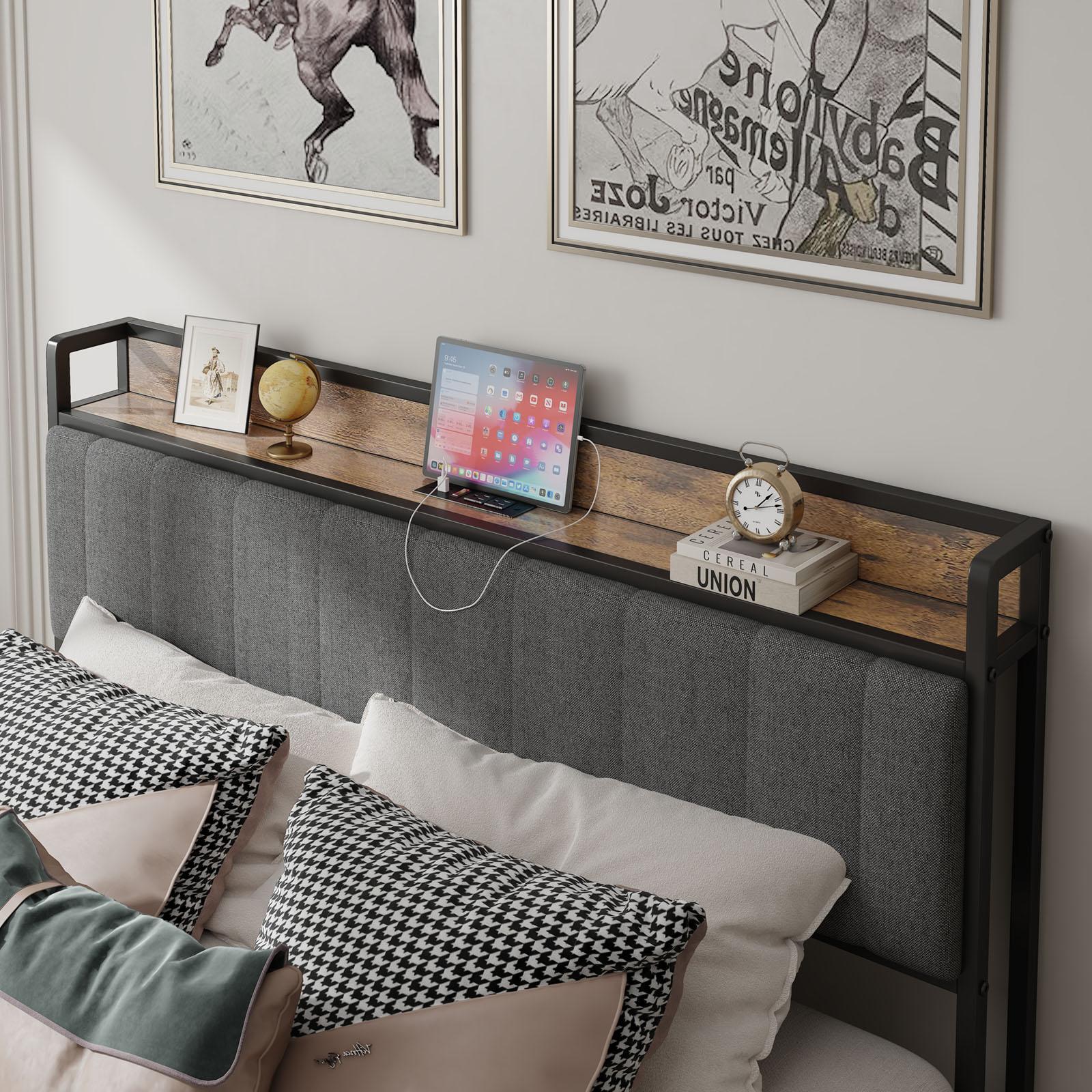 Queen-Size，Full metal bed frame with charging port at the head of the bed.
