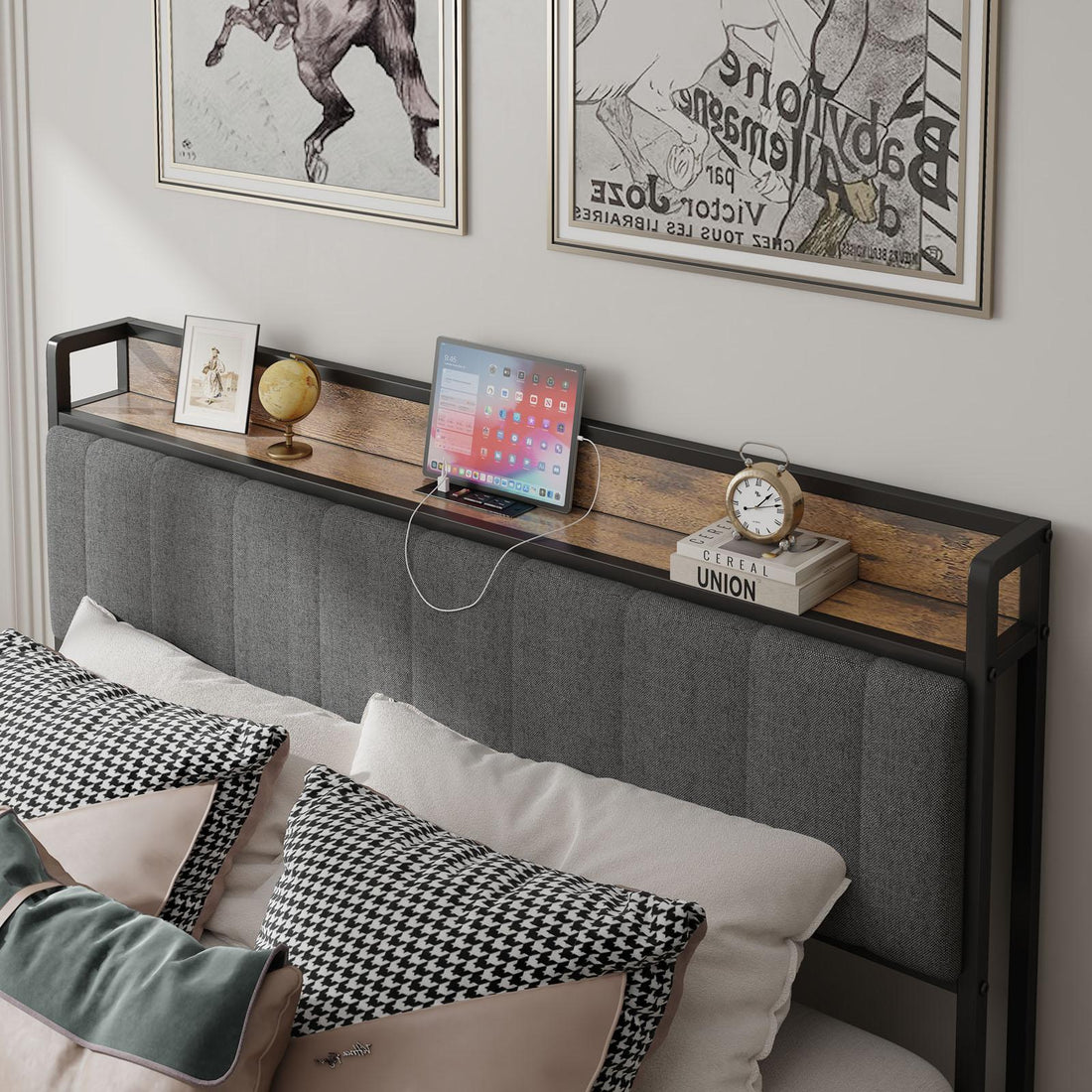 Queen-Size，Full metal bed frame with charging port at the head of the bed.