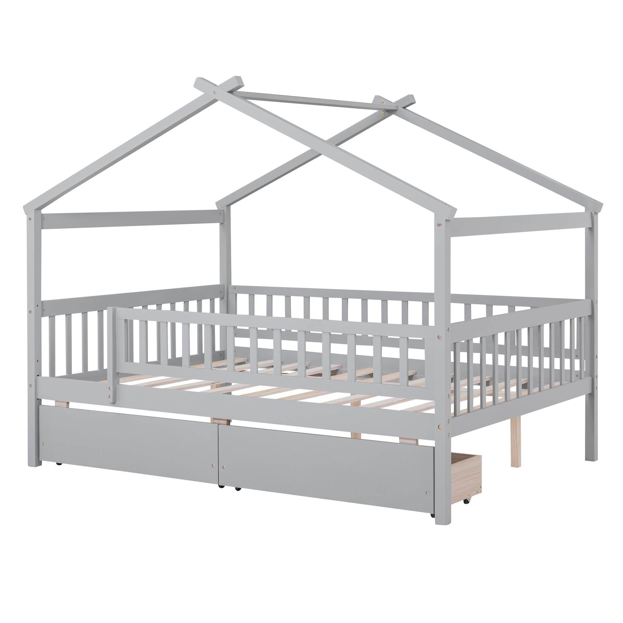 Full Size Wooden House Bed with Two Drawers
