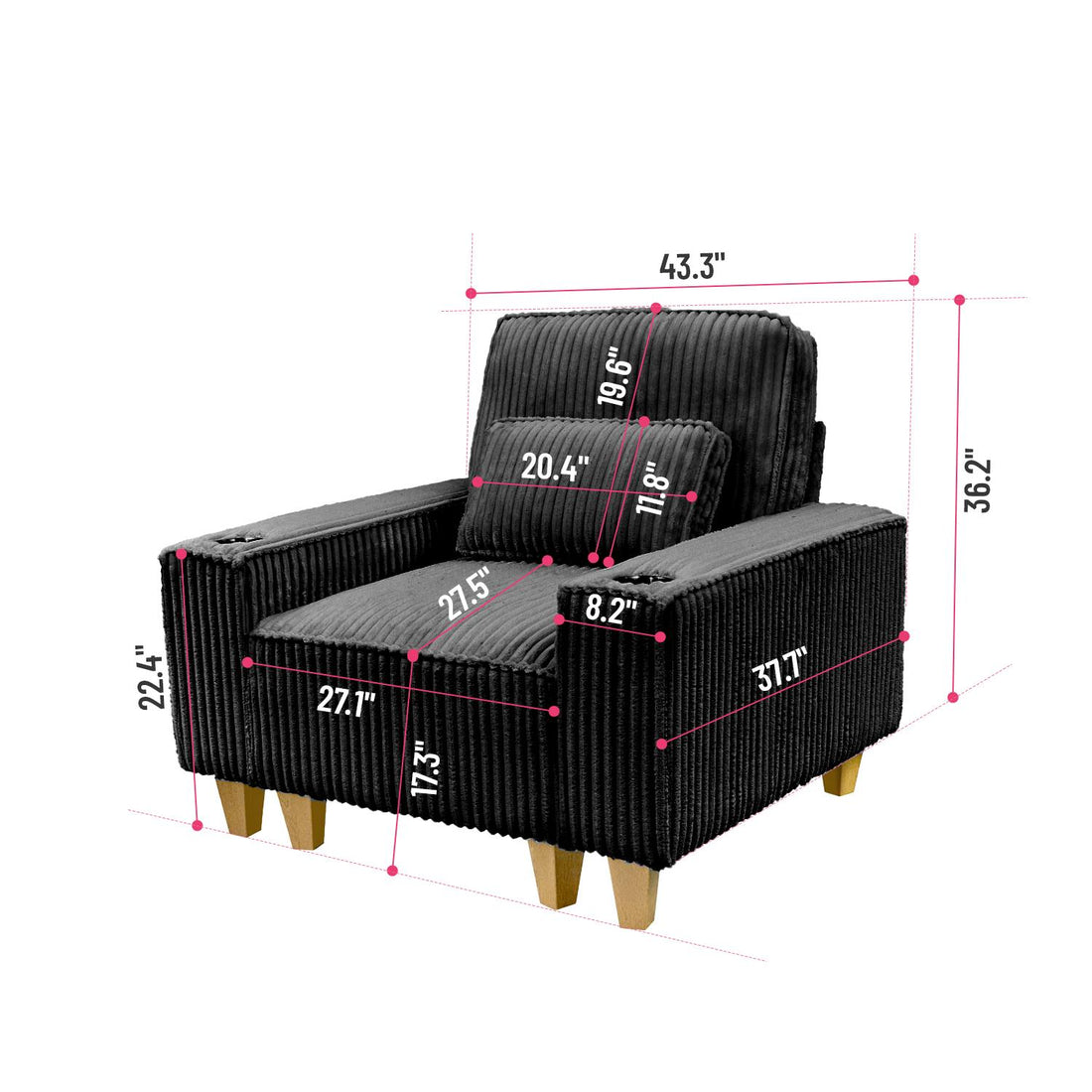 Corduroy Sectional Sofa with Cup Holder for Living Room（single sofa chair/2 Seater Loveseat/3 Seater sofa）