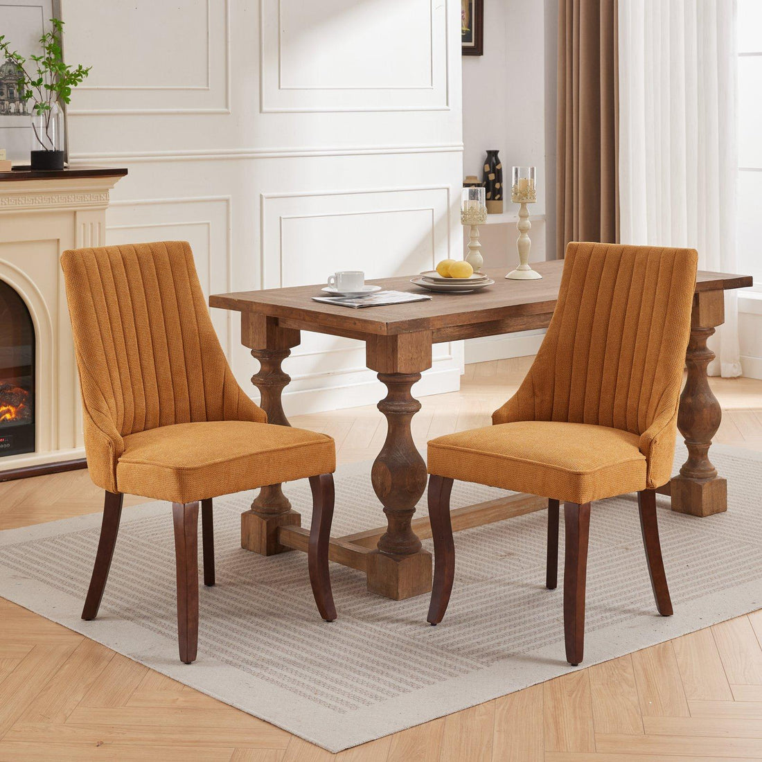 Rayon Cloth Flocking Linen Dining Chairs  Comfy Fabric Upholstered Accent Chair for Dining Room with Curved Solid Wood Legs,Set of 2