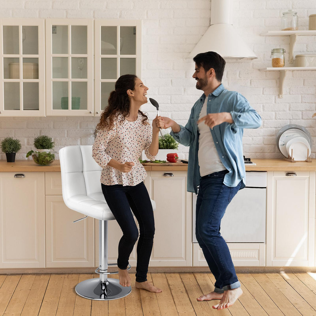Bar Stools Set of 2, Counter Height Barstools,Square Seat Cushion Barstool with Back, Height Adjustable PU Leather Swivel Barstool ,White