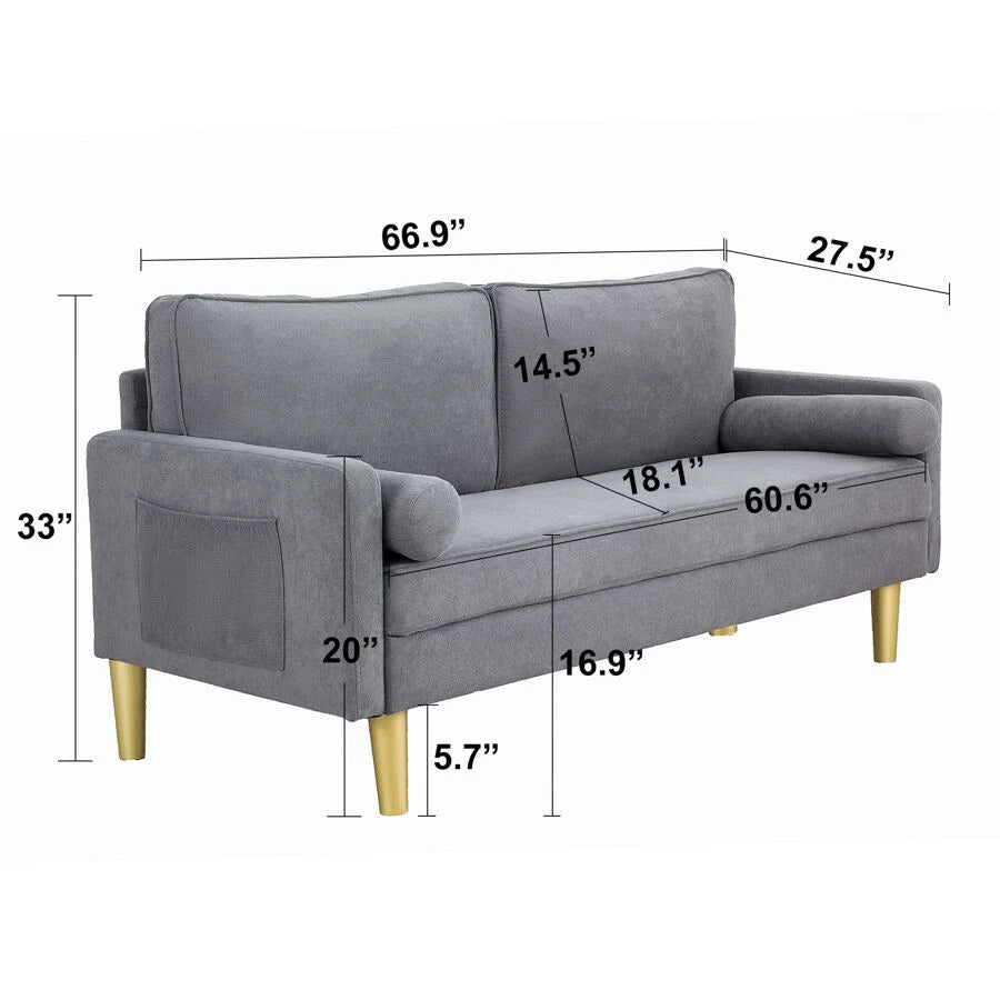 Linen Sofa Couch With 2 Pillows, Mid Century Modern Couches, 3 Seater  Couches For Bedroom Furniture, Home Office