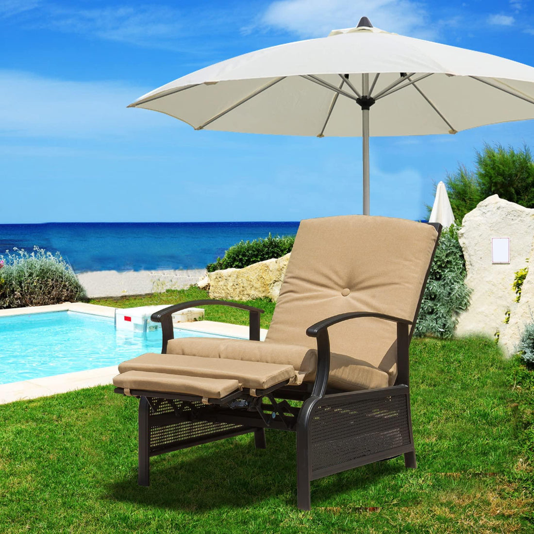Adjustable Patio Recliner Chair Metal Outdoor Reclining Lounge Chair with Remova