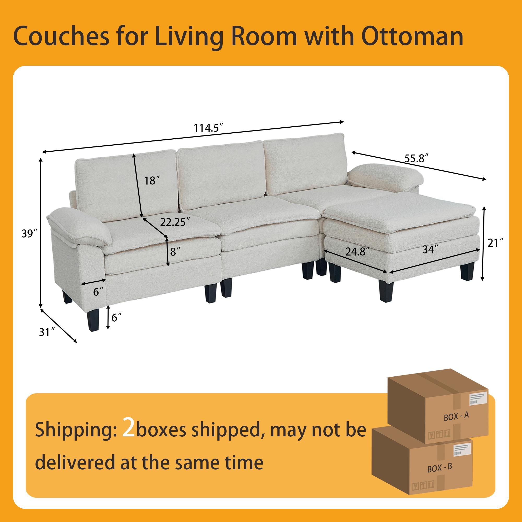 3-Seater Modular Sofa with Ottoman - Teddy Velvet, Solid Wood & Spring Cushion, Double-Layered Seat for Living Room