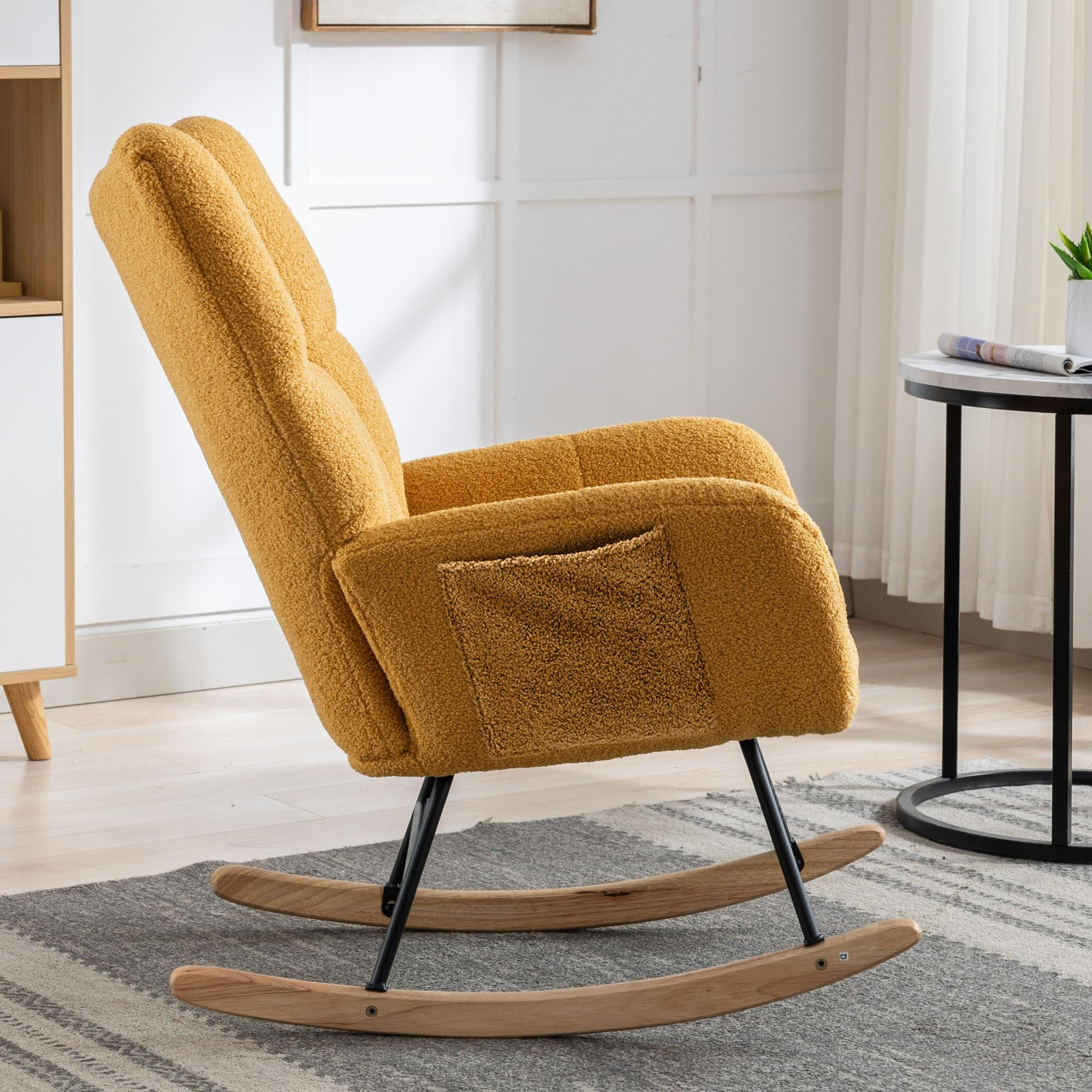 Rocking Chair with Pocket, Soft Teddy Fabric Rocking Chair for Nursery, Comfy Wingback Glider Rocker with Safe Solid Wood Base for Living Room Bedroom