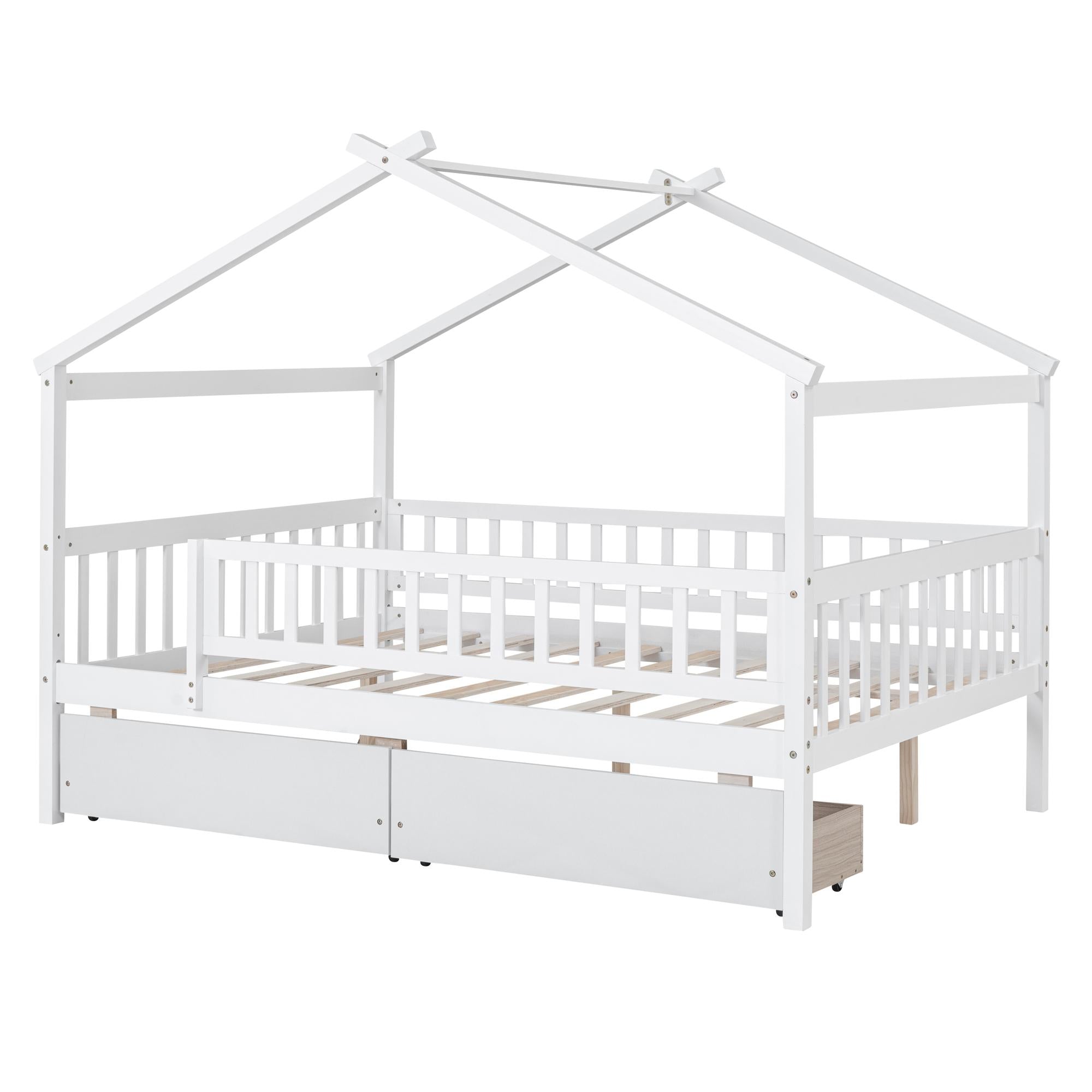 Full Size Wooden House Bed with Two Drawers