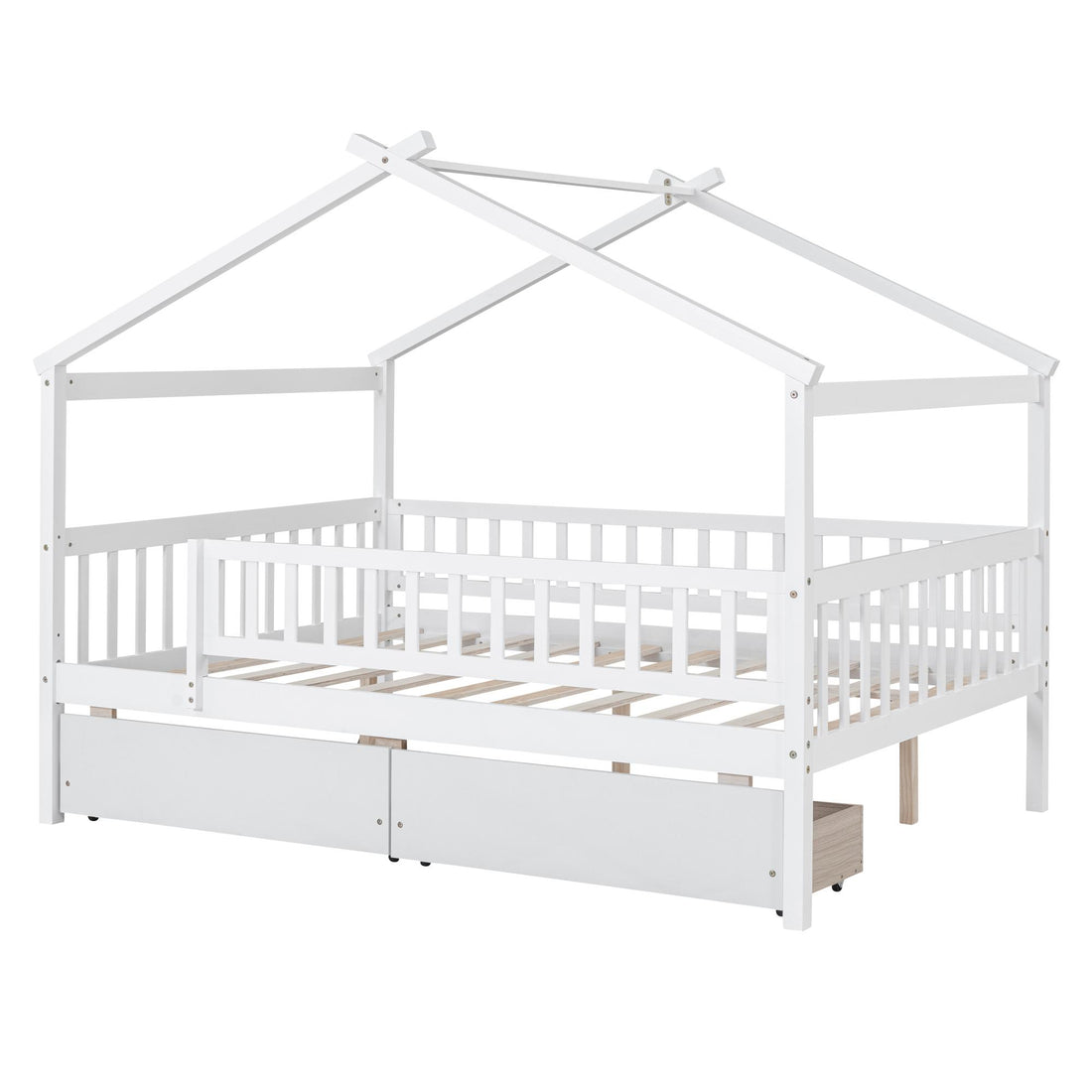Full Size Wooden House Bed with Two Drawers
