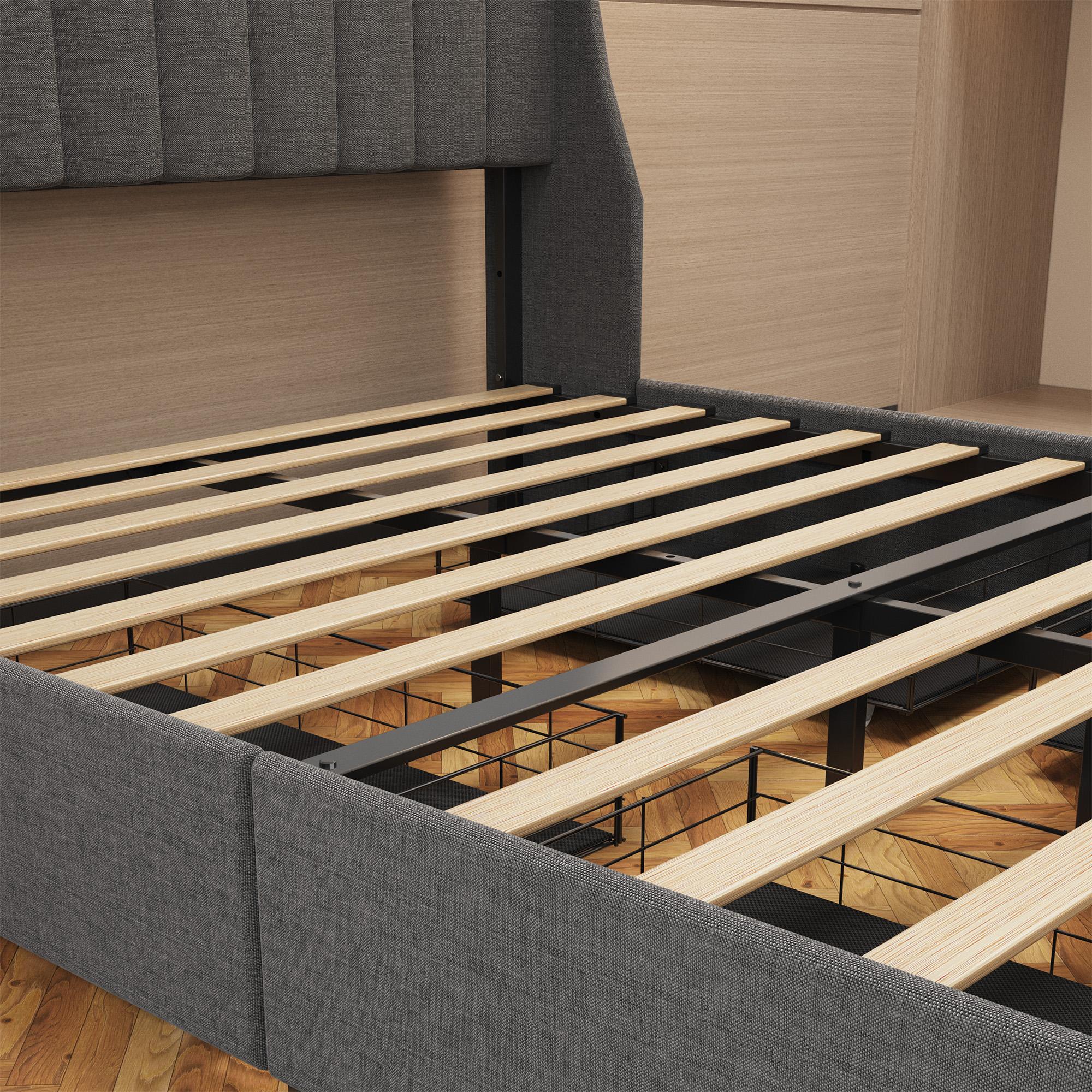 Queen size LED bed frame with winged headboard design for extra storage space