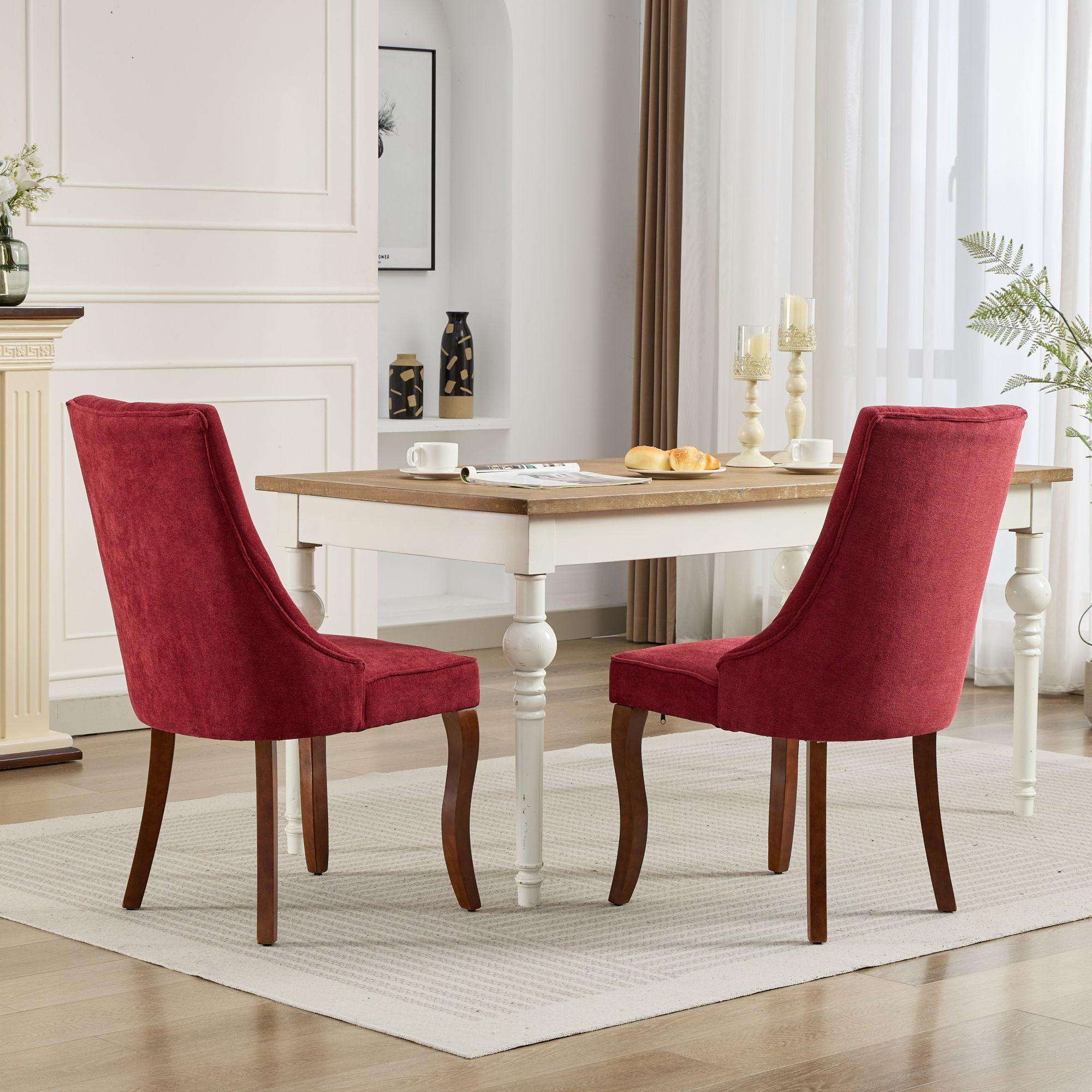 Rayon Cloth Flocking Linen Dining Chairs  Comfy Fabric Upholstered Accent Chair for Dining Room with Curved Solid Wood Legs,Set of 2