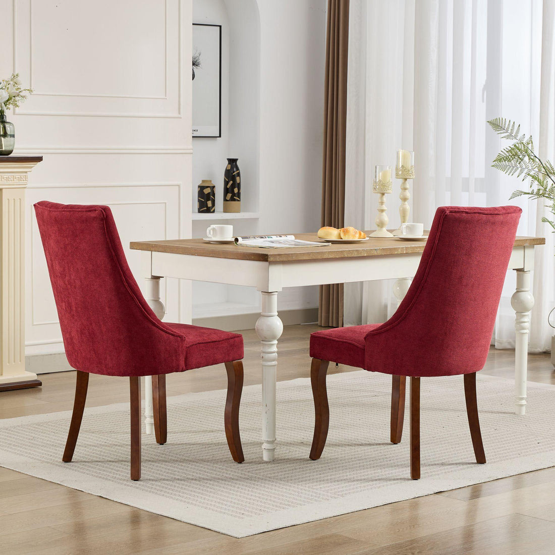 Rayon Cloth Flocking Linen Dining Chairs  Comfy Fabric Upholstered Accent Chair for Dining Room with Curved Solid Wood Legs,Set of 2