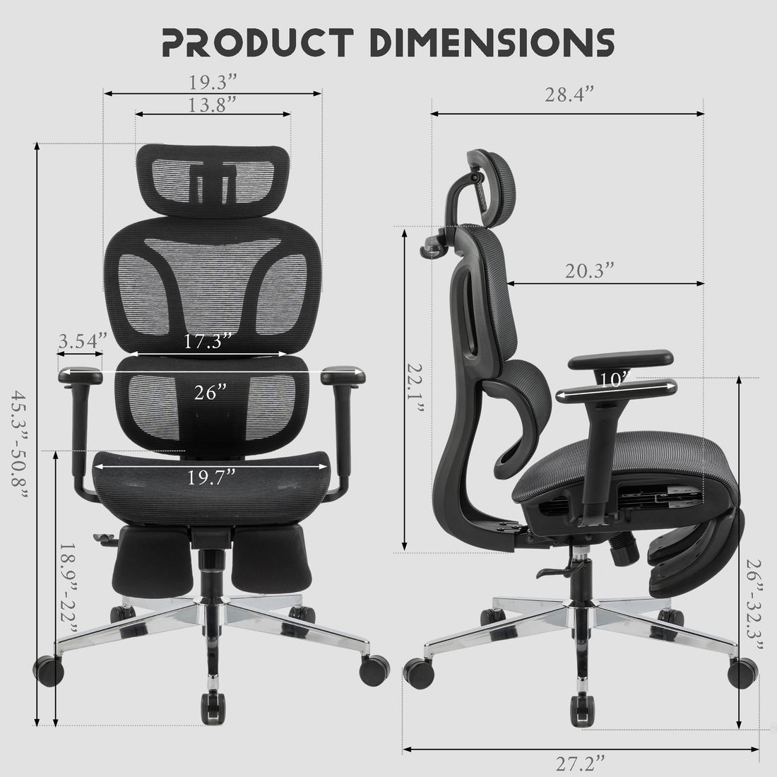Full mesh office chair, ergonomic office chair, office mesh chair, adjustable headrest, armrests, foot pedals, with hanger