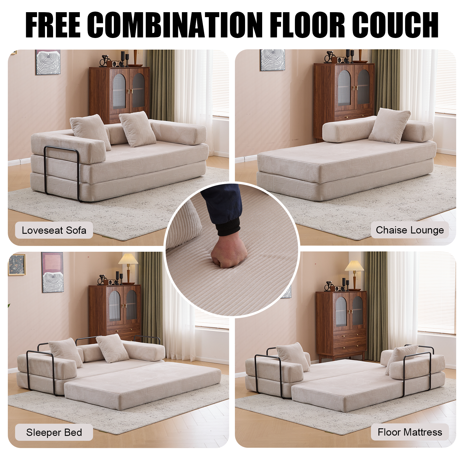 Floor Couch,Compression Sofa,Convertible Floor Sofa Bed-with Pillow Back Support Armrest,Comfy Futon Couch Lounge Sleeper Bed,Flannel fabric,for Livin