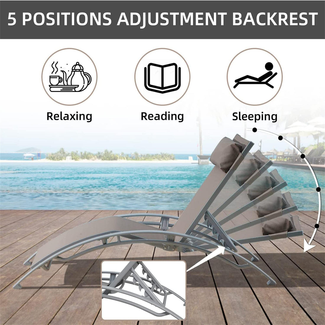 Patio Recliner Chairs with Adjustable Backrest and Removable Pillow for Indoor&Outdoor Beach Pool Sunbathing Lawn
