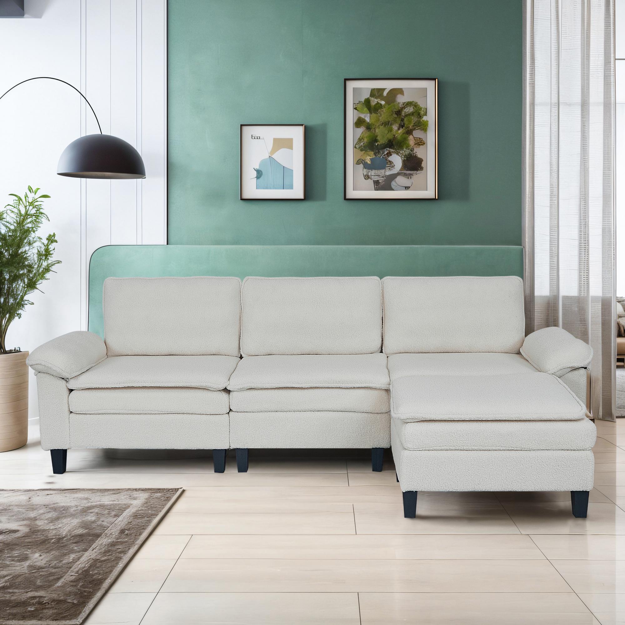 3-Seater Modular Sofa with Ottoman - Teddy Velvet, Solid Wood & Spring Cushion, Double-Layered Seat for Living Room