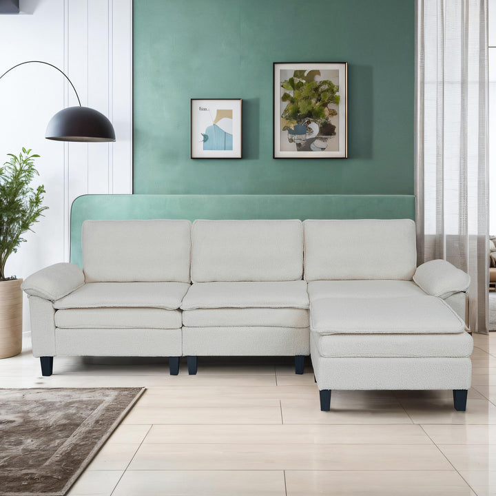 3-Seater Modular Sofa with Ottoman - Teddy Velvet, Solid Wood & Spring Cushion, Double-Layered Seat for Living Room
