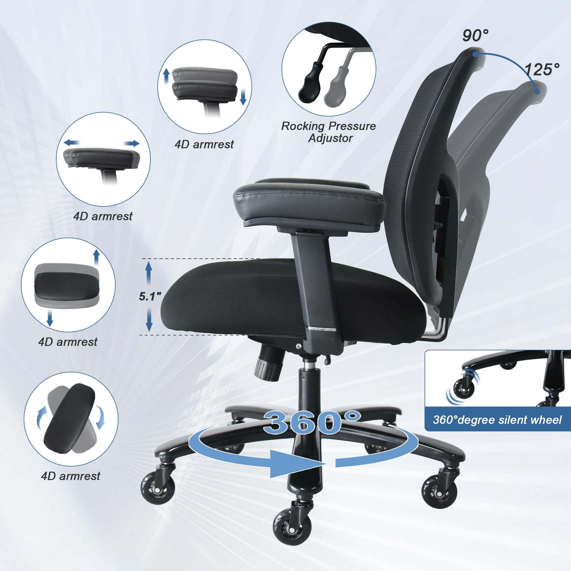 Big and Tall Office Chair 400lbs, Ergonomic Mesh Desk Computer Chair with Adjustable Lumbar Support Arms High Back Wide Seat Task Executive Rolling Sw
