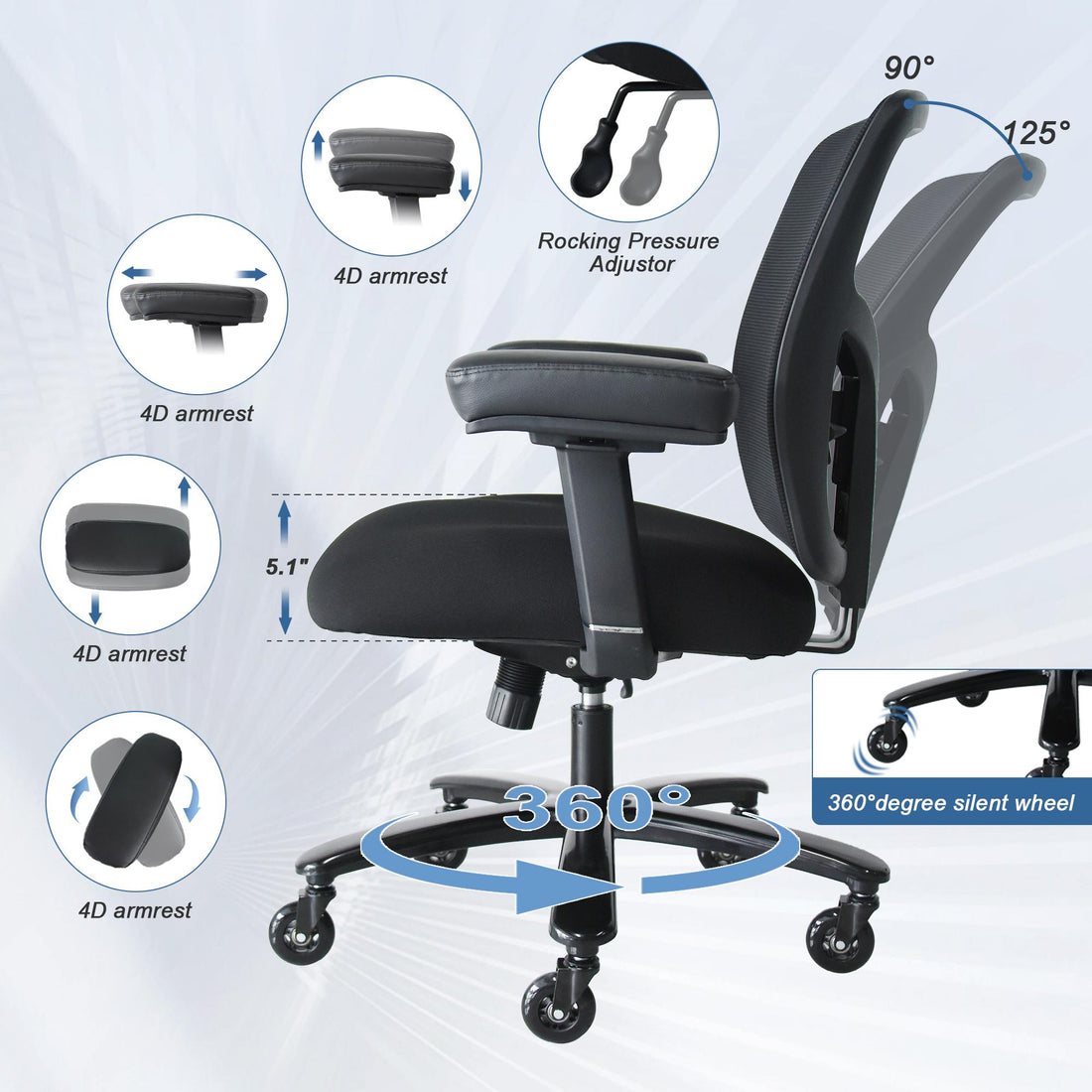 Big and Tall Office Chair 400lbs, Ergonomic Mesh Desk Computer Chair with Adjustable Lumbar Support Arms High Back Wide Seat Task Executive Rolling Sw