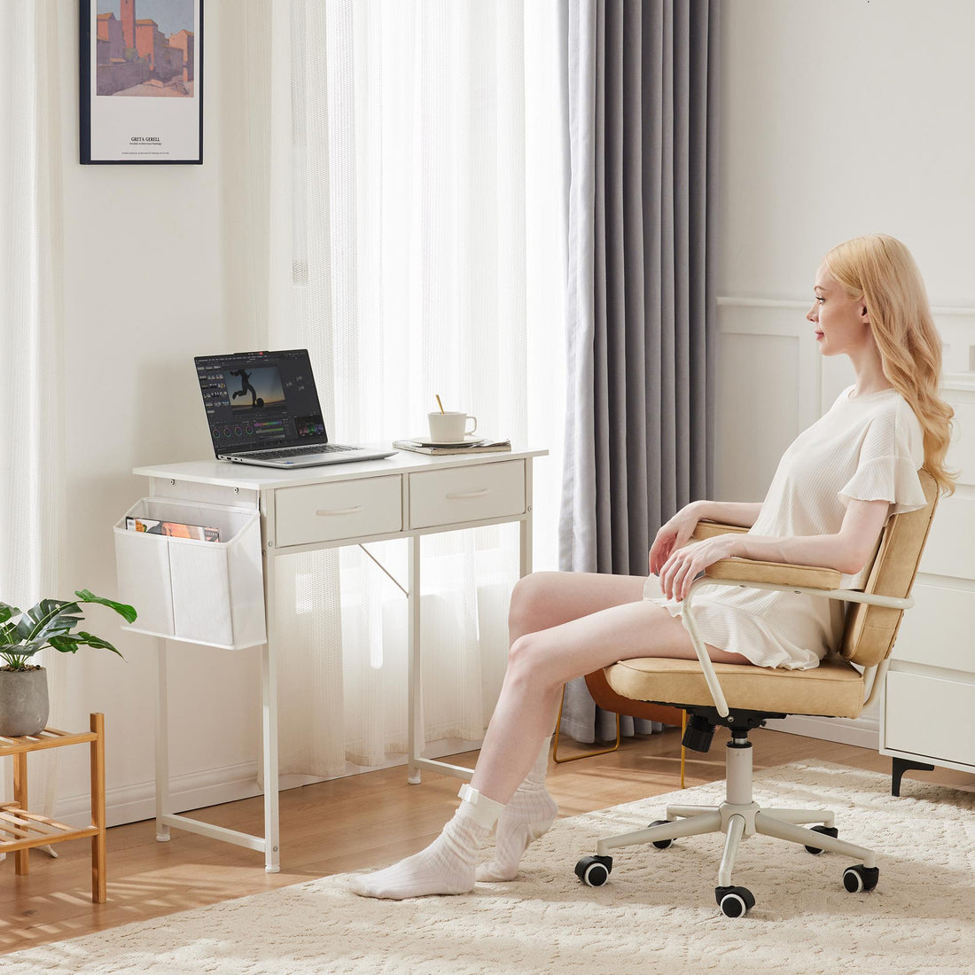 Computer Desk Small Home Office Bedroom Writing Study PC Table with Storage Space Fabric Side Bag Headphone Hook Metal Frame Adjustable