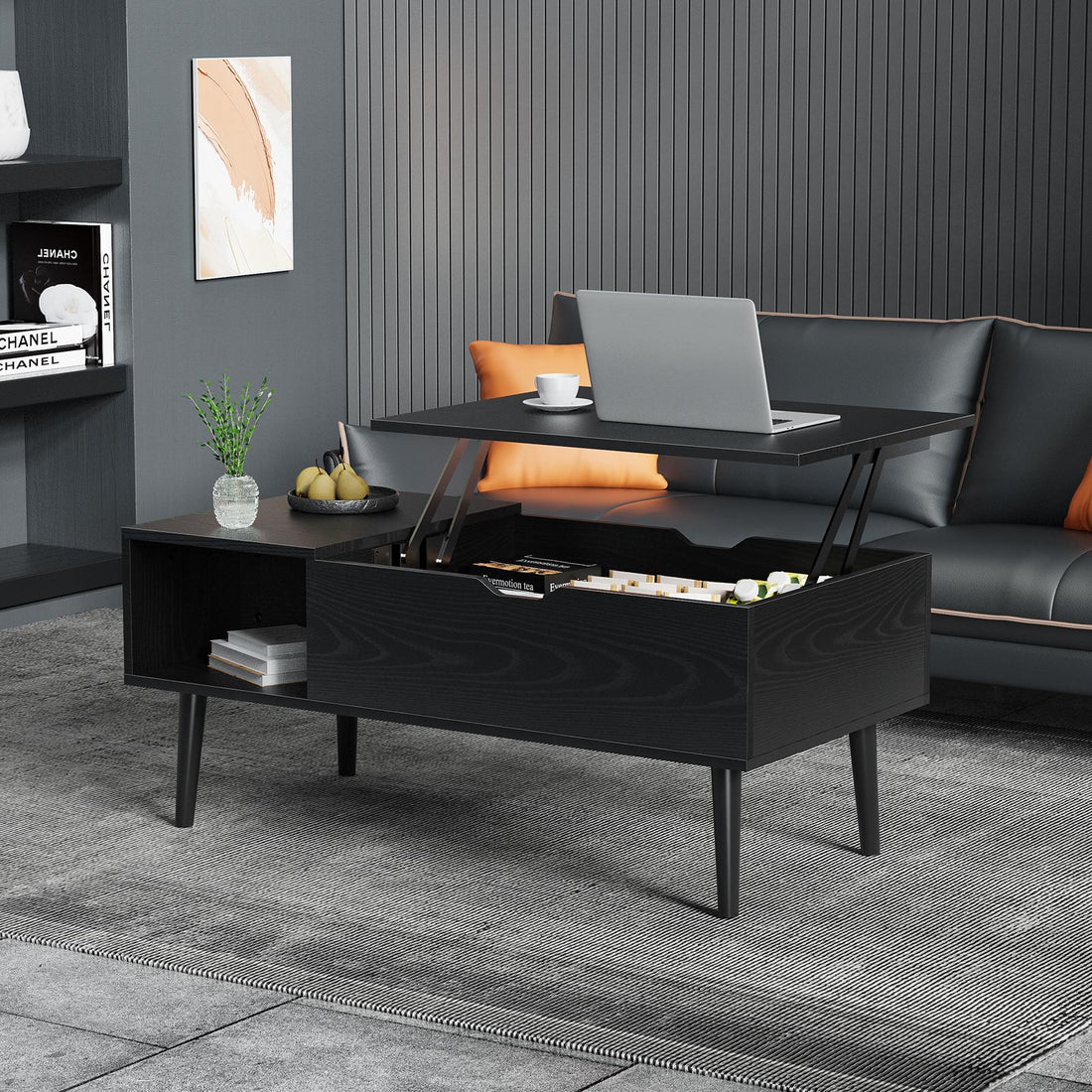 Lift Top Coffee Table ，Wooden Furniture with Hidden Compartment and Adjustable Storage