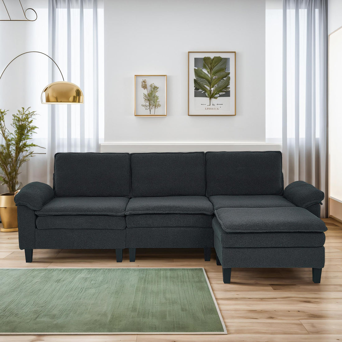 3-Seater Modular Sofa with Ottoman - Teddy Velvet, Solid Wood & Spring Cushion, Double-Layered Seat for Living Room