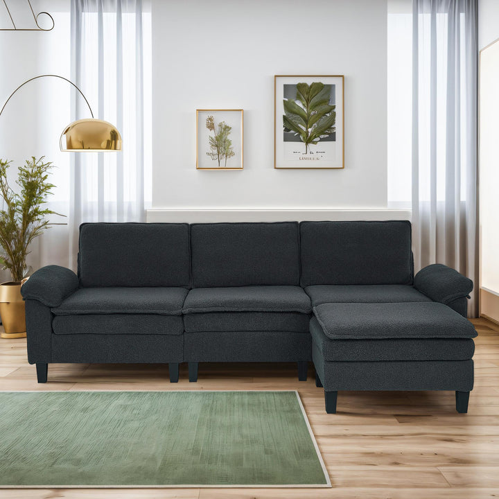 3-Seater Modular Sofa with Ottoman - Teddy Velvet, Solid Wood & Spring Cushion, Double-Layered Seat for Living Room