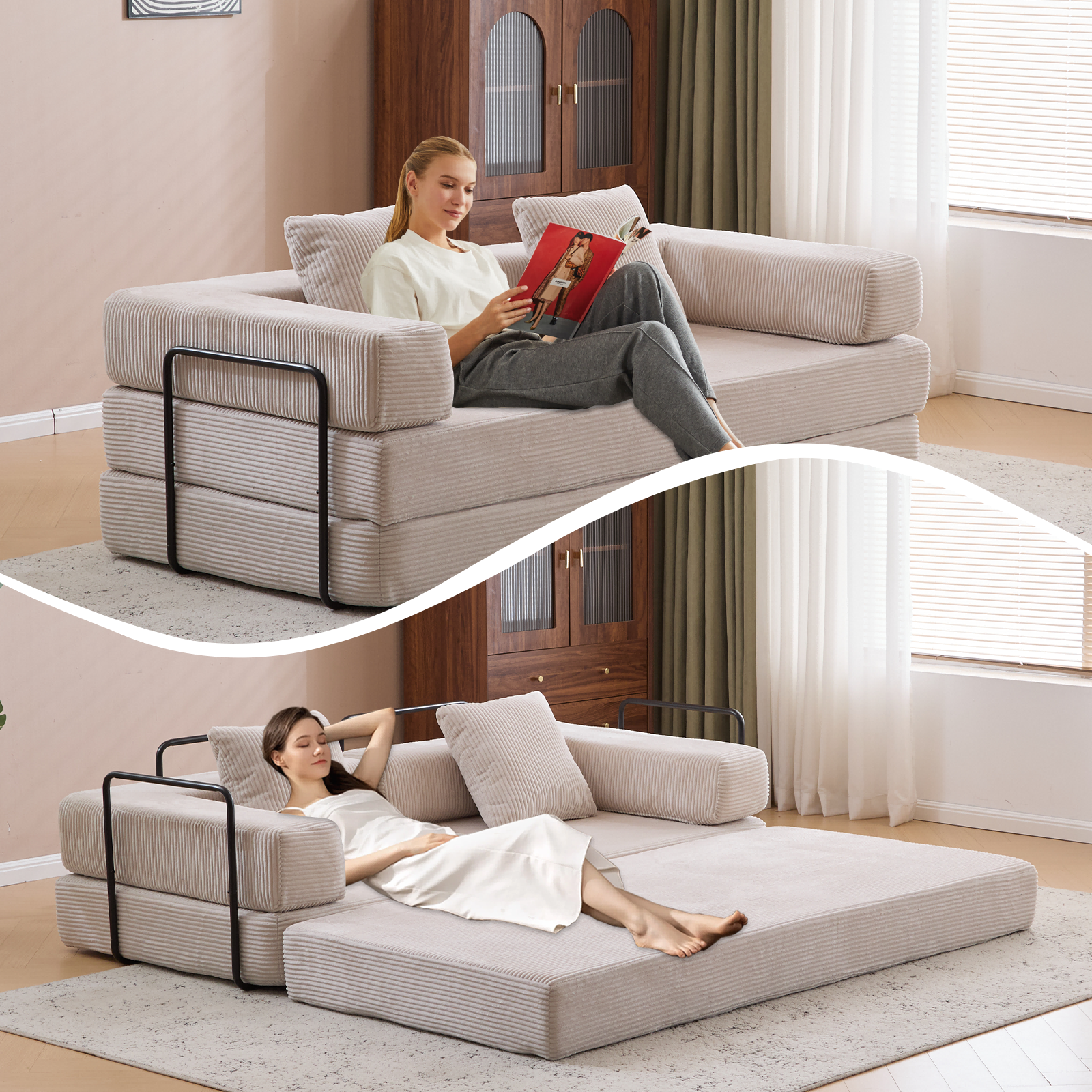 Floor Couch,Compression Sofa,Convertible Floor Sofa Bed-with Pillow Back Support Armrest,Comfy Futon Couch Lounge Sleeper Bed,Flannel fabric,for Livin