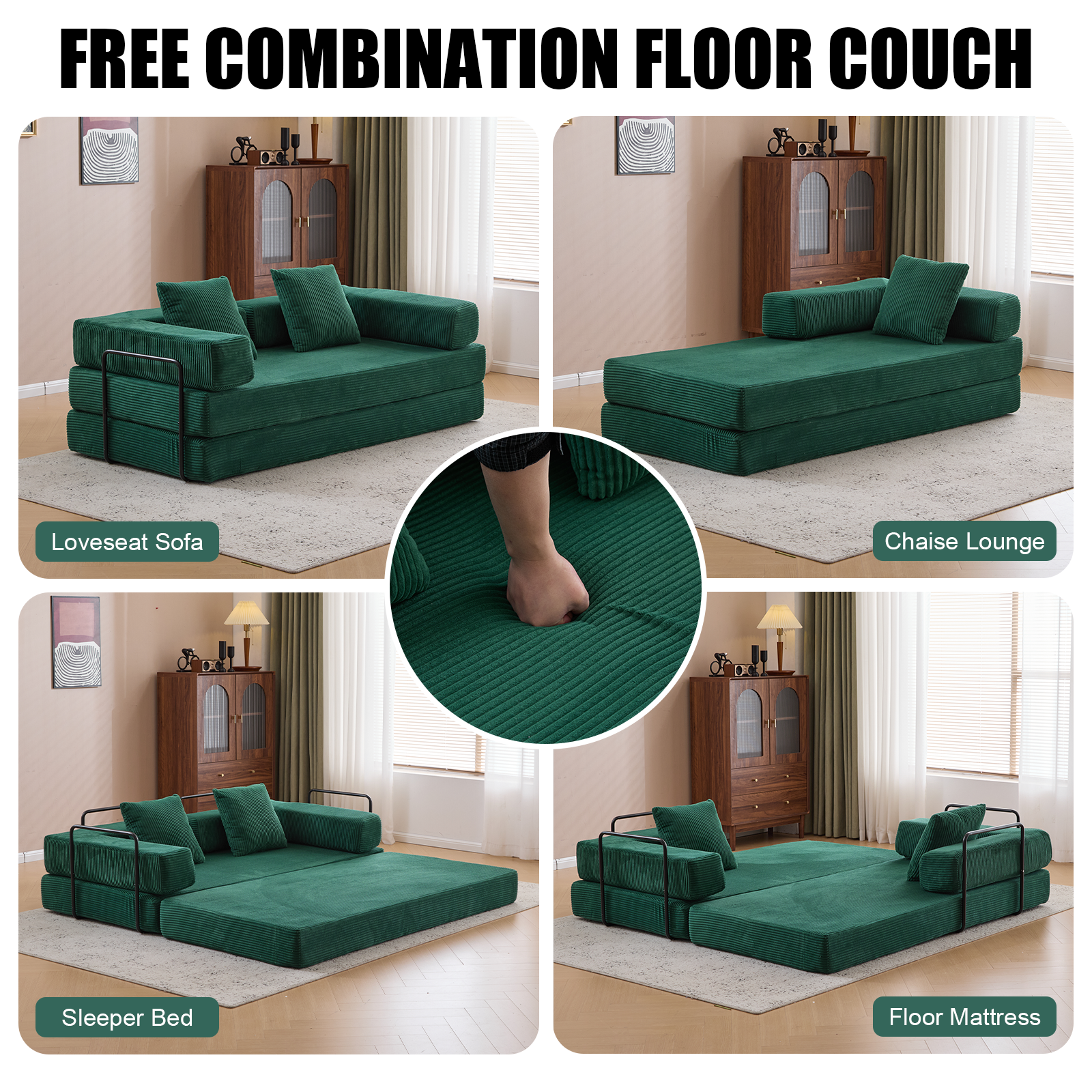 Floor Couch,Compression Sofa,Convertible Floor Sofa Bed-with Pillow Back Support Armrest,Comfy Futon Couch Lounge Sleeper Bed,Flannel fabric,for Livin